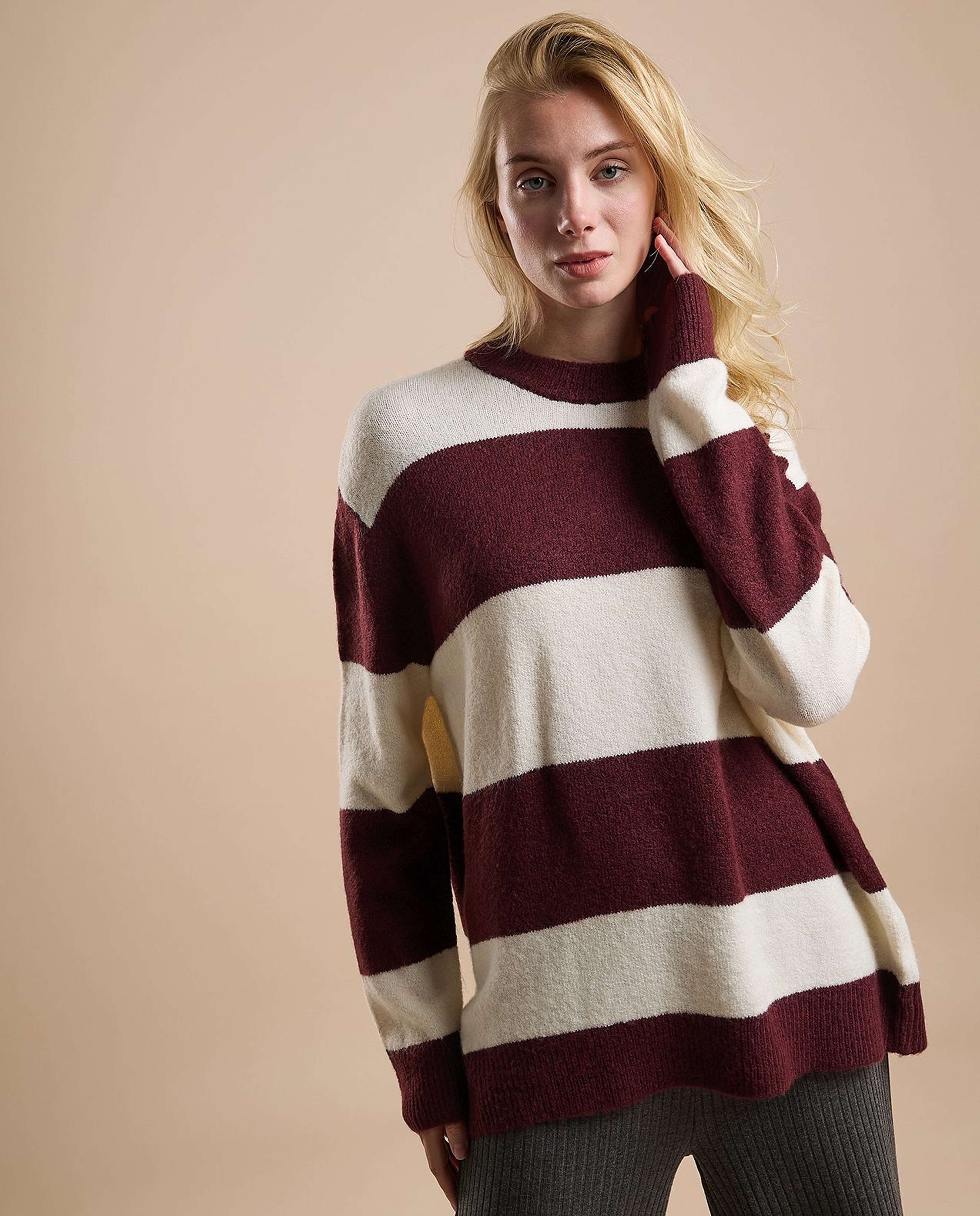Striped Sweater Tunic with Crew Neck and Long Sleeves