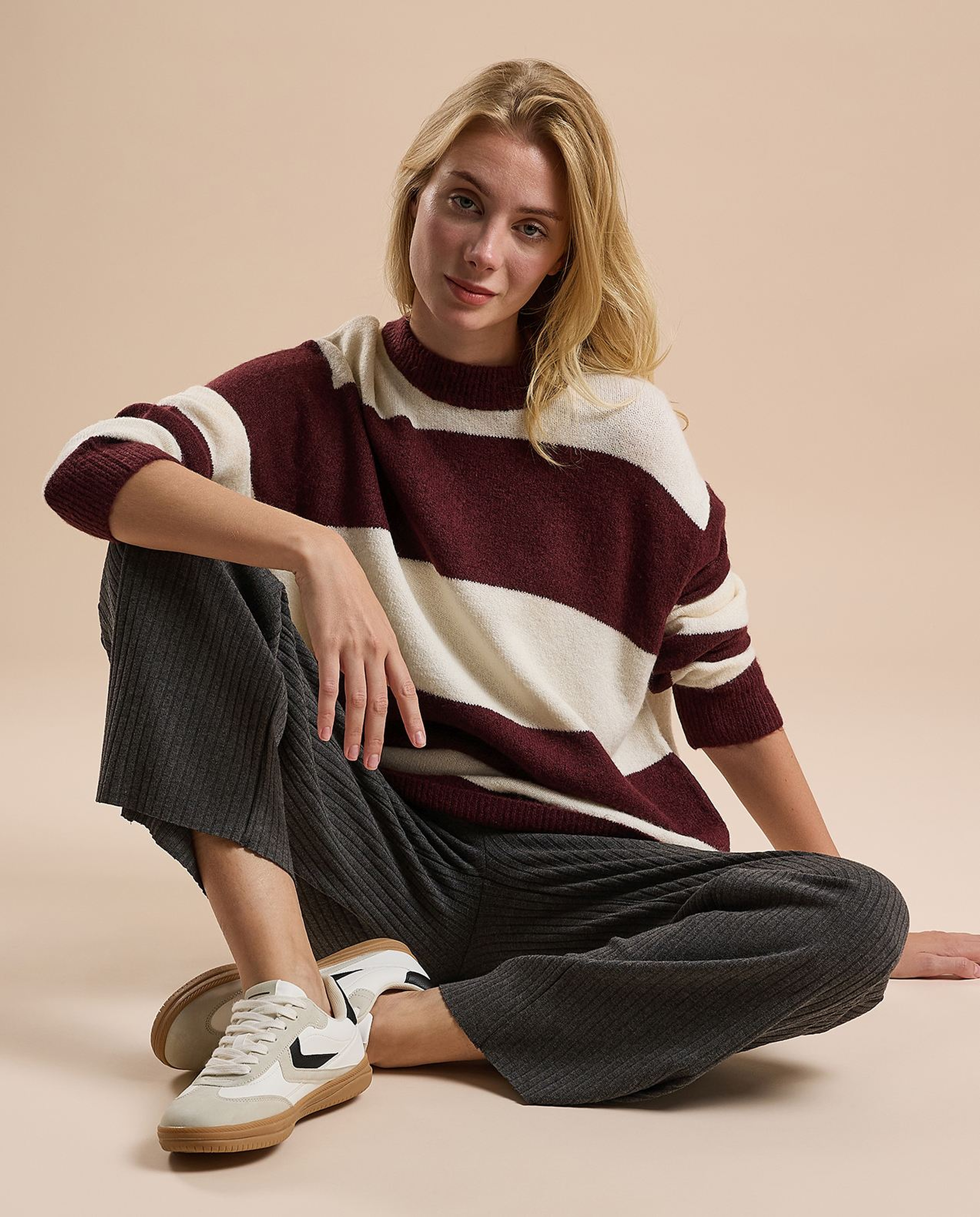 Striped Sweater Tunic with Crew Neck and Long Sleeves