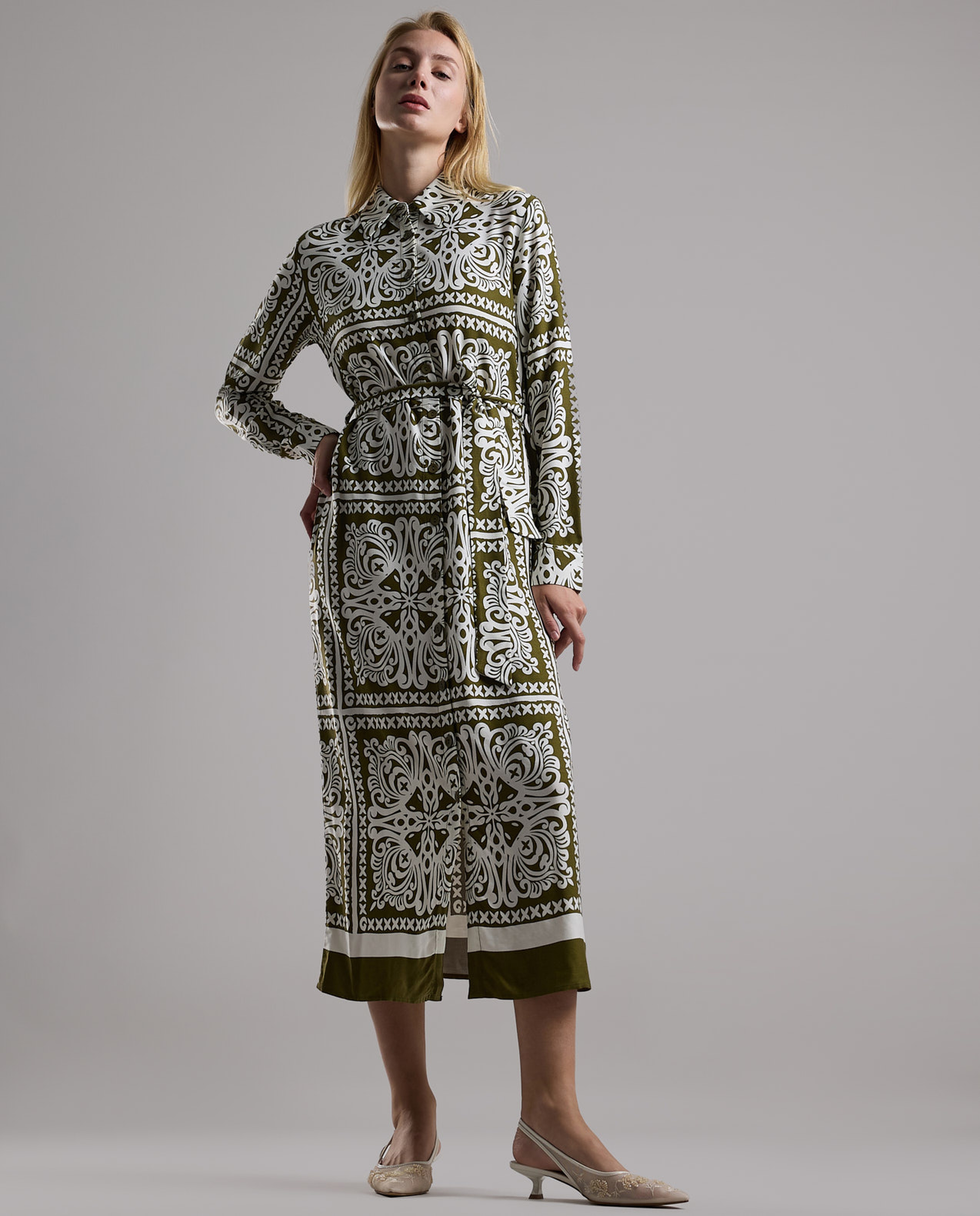 Patterned Shirt Dress with Long Sleeves