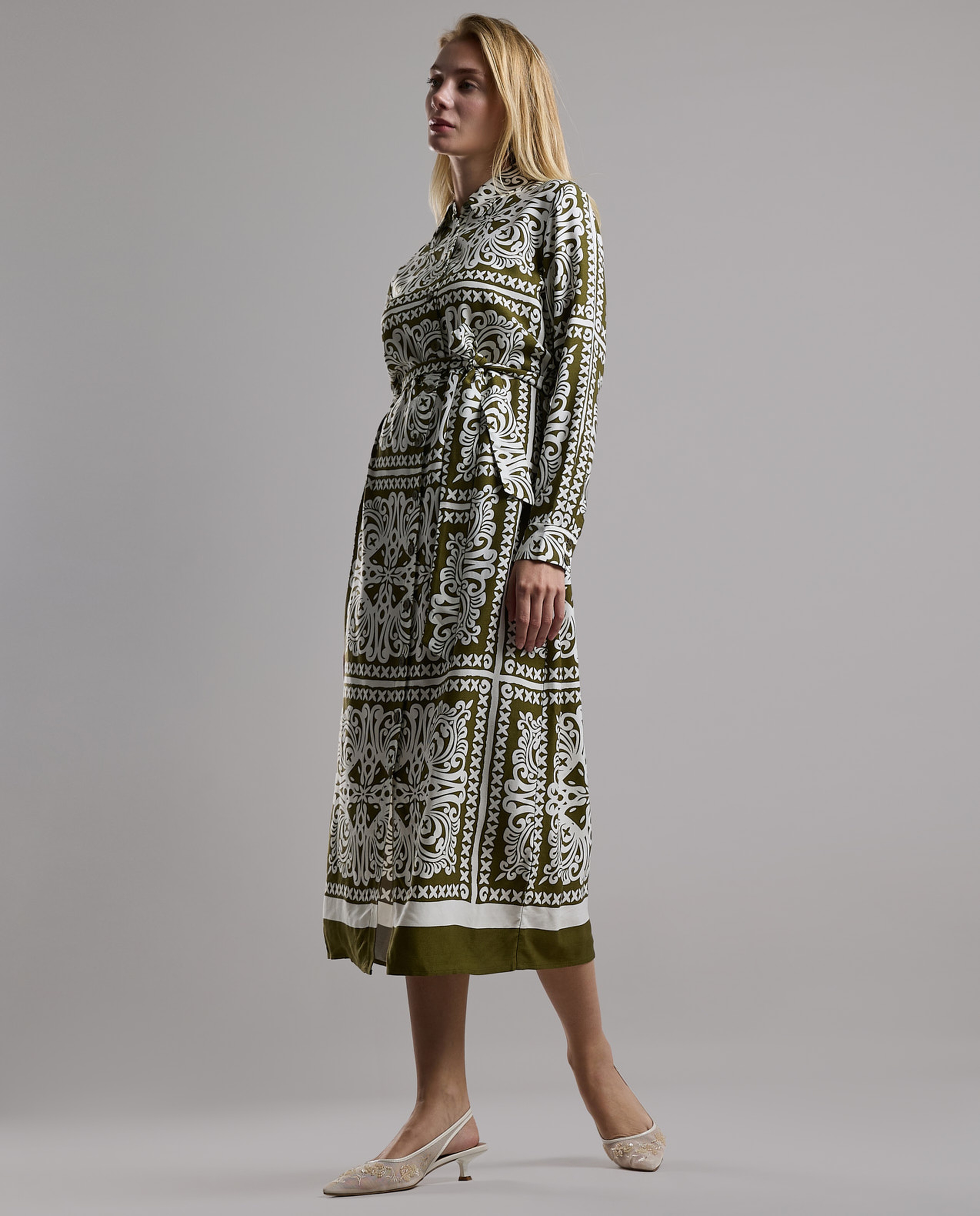 Patterned Shirt Dress with Long Sleeves