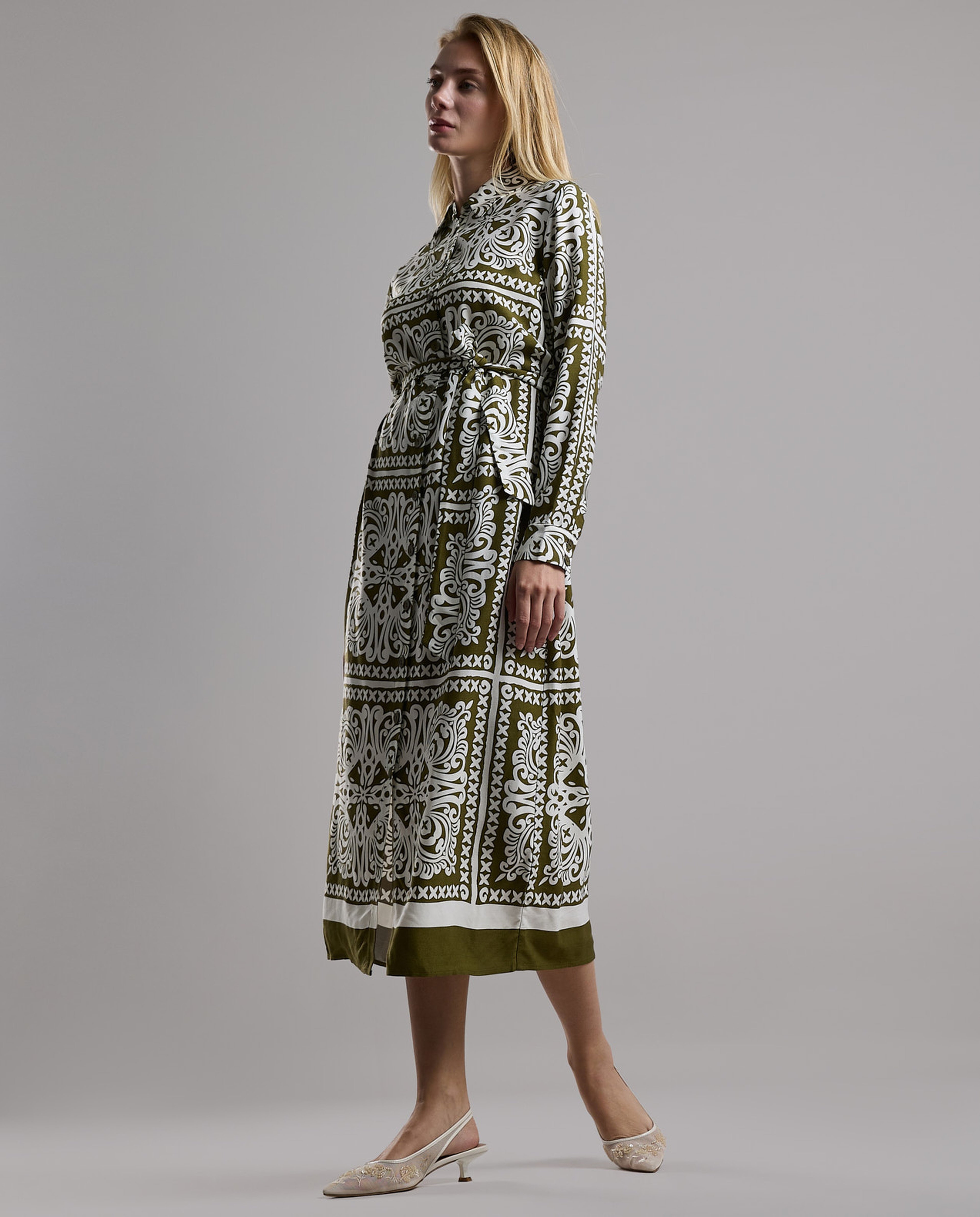 Patterned Shirt Dress with Long Sleeves