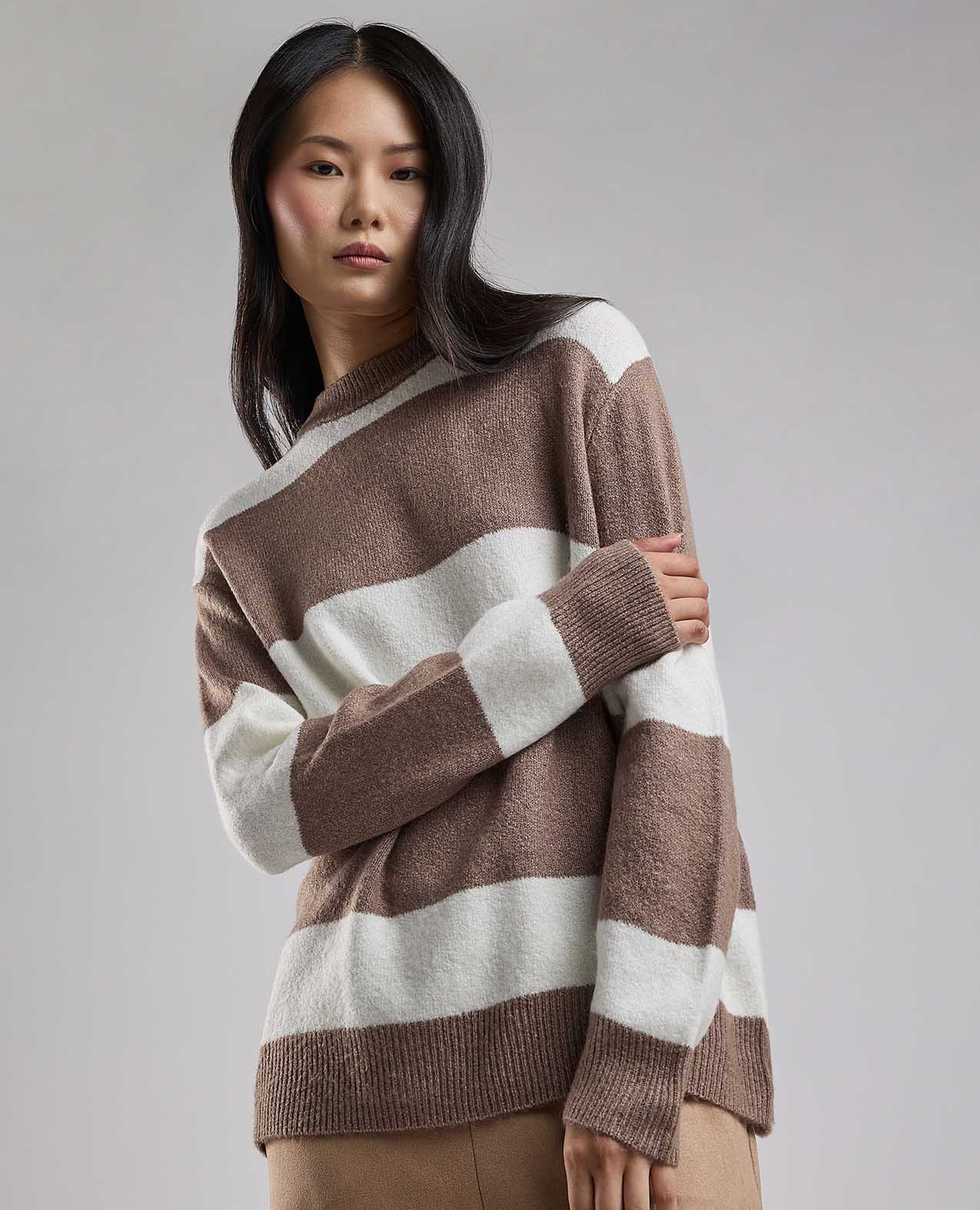 Striped Sweater Tunic with Crew Neck and Long Sleeves