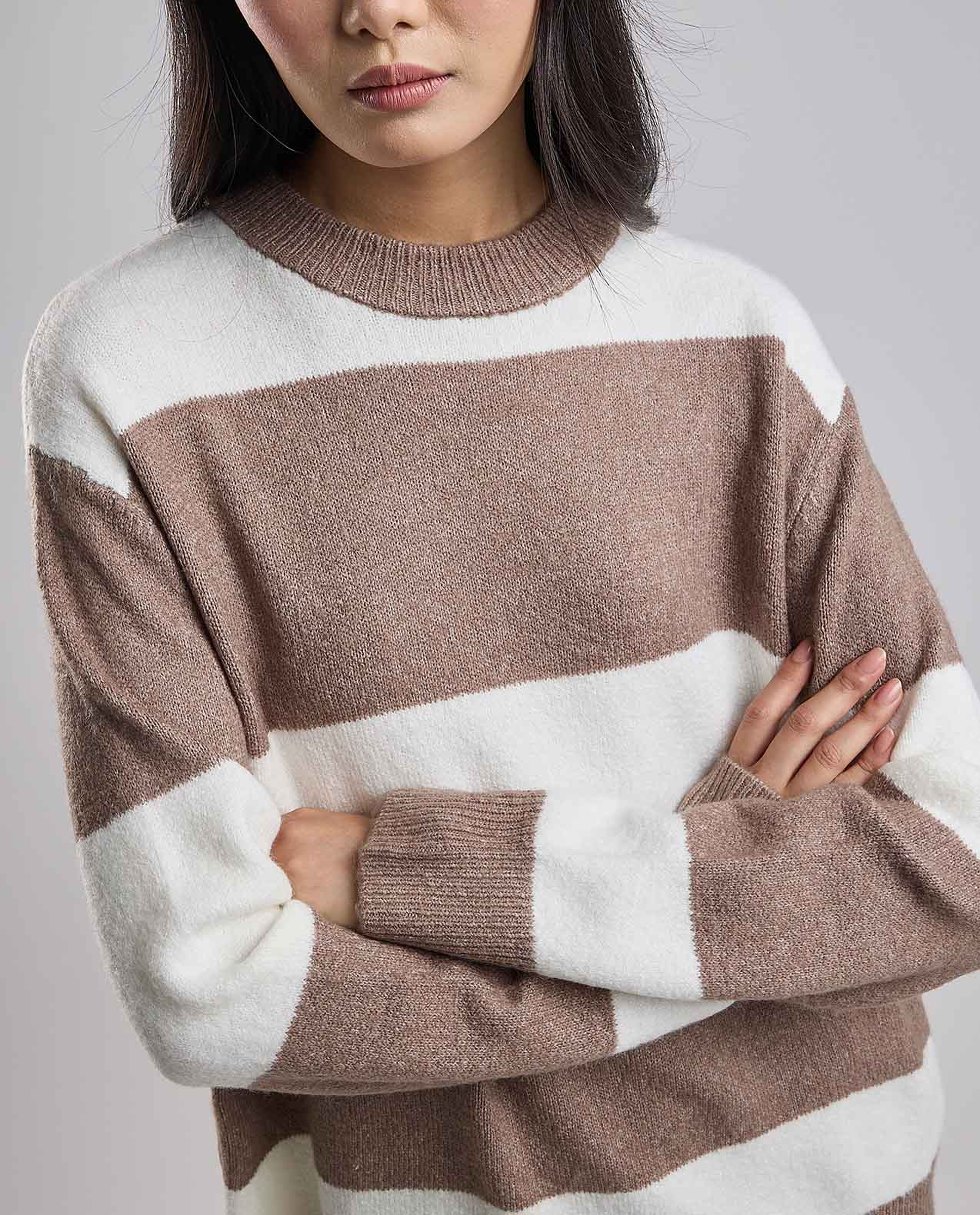 Striped Sweater Tunic with Crew Neck and Long Sleeves