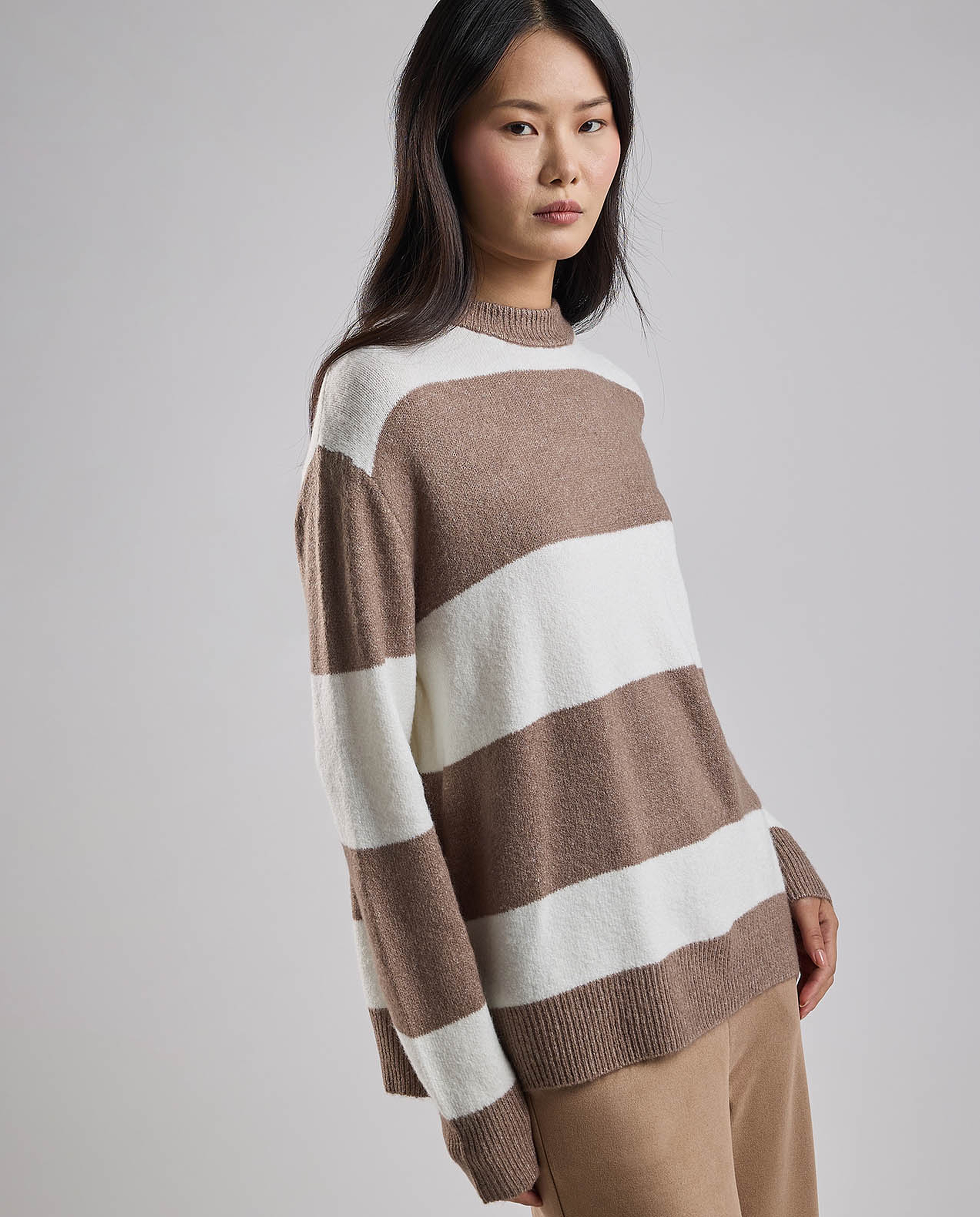 Striped Sweater Tunic with Crew Neck and Long Sleeves