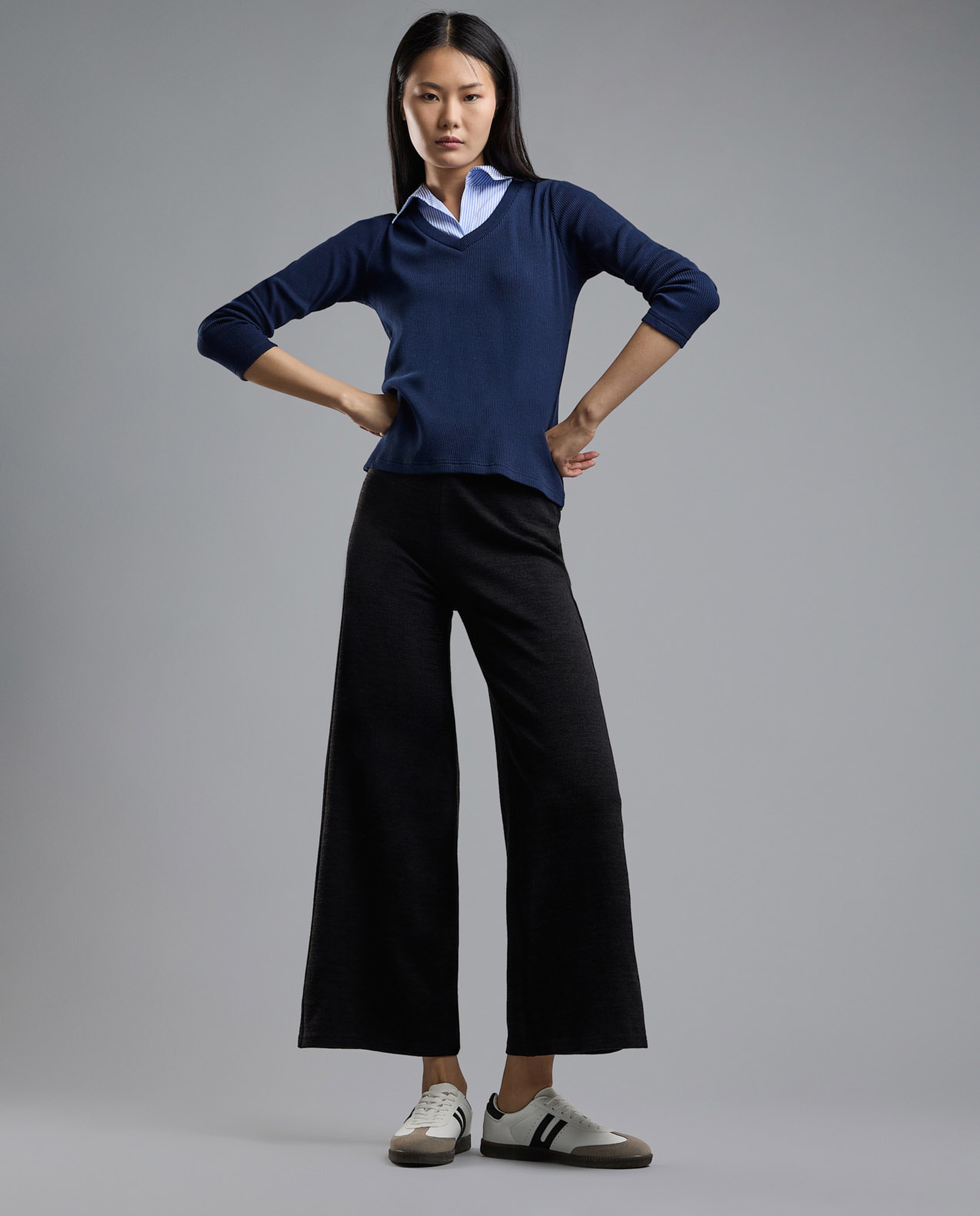 Ribbed Top with V-Neck and Long Sleeves