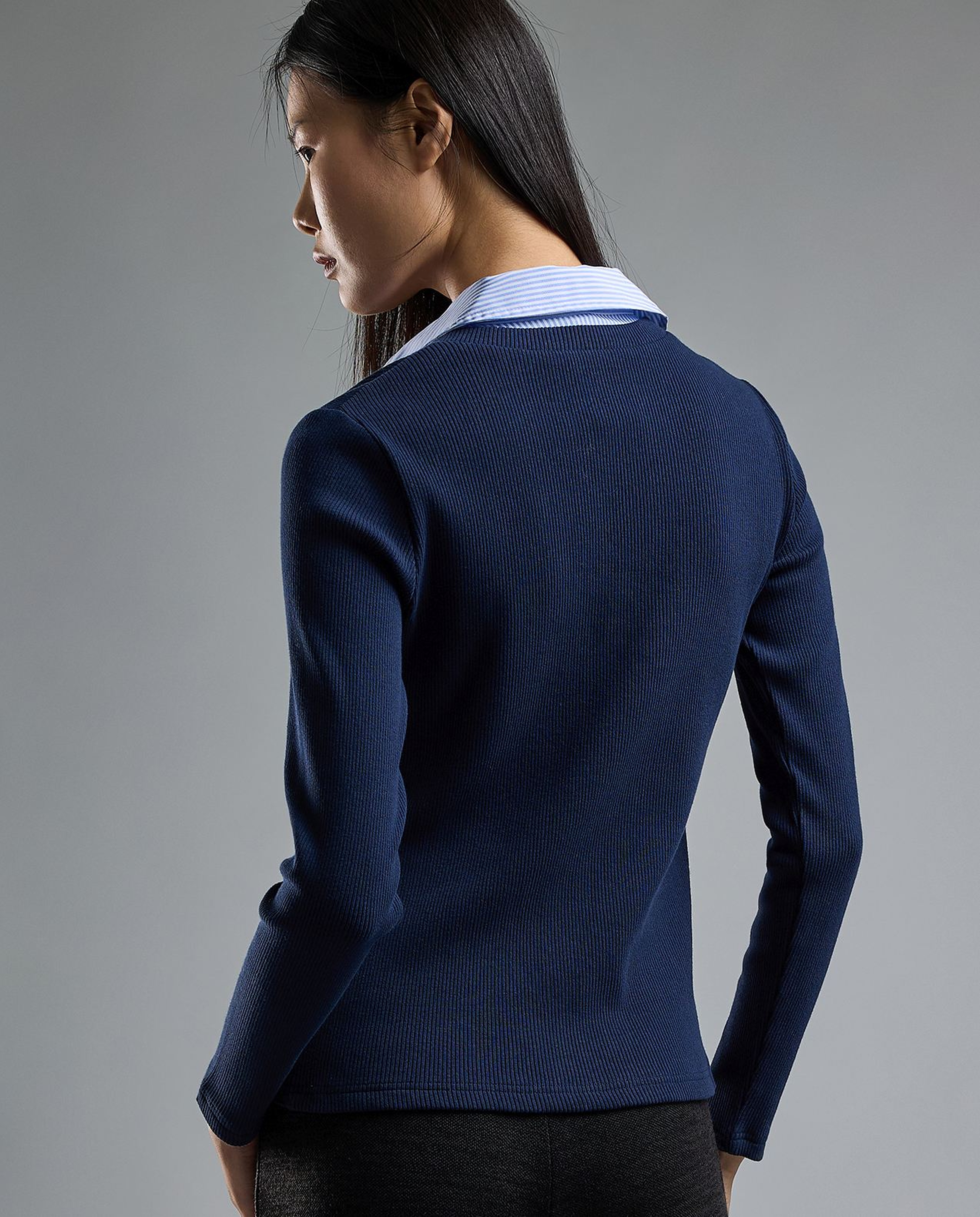 Ribbed Top with V-Neck and Long Sleeves