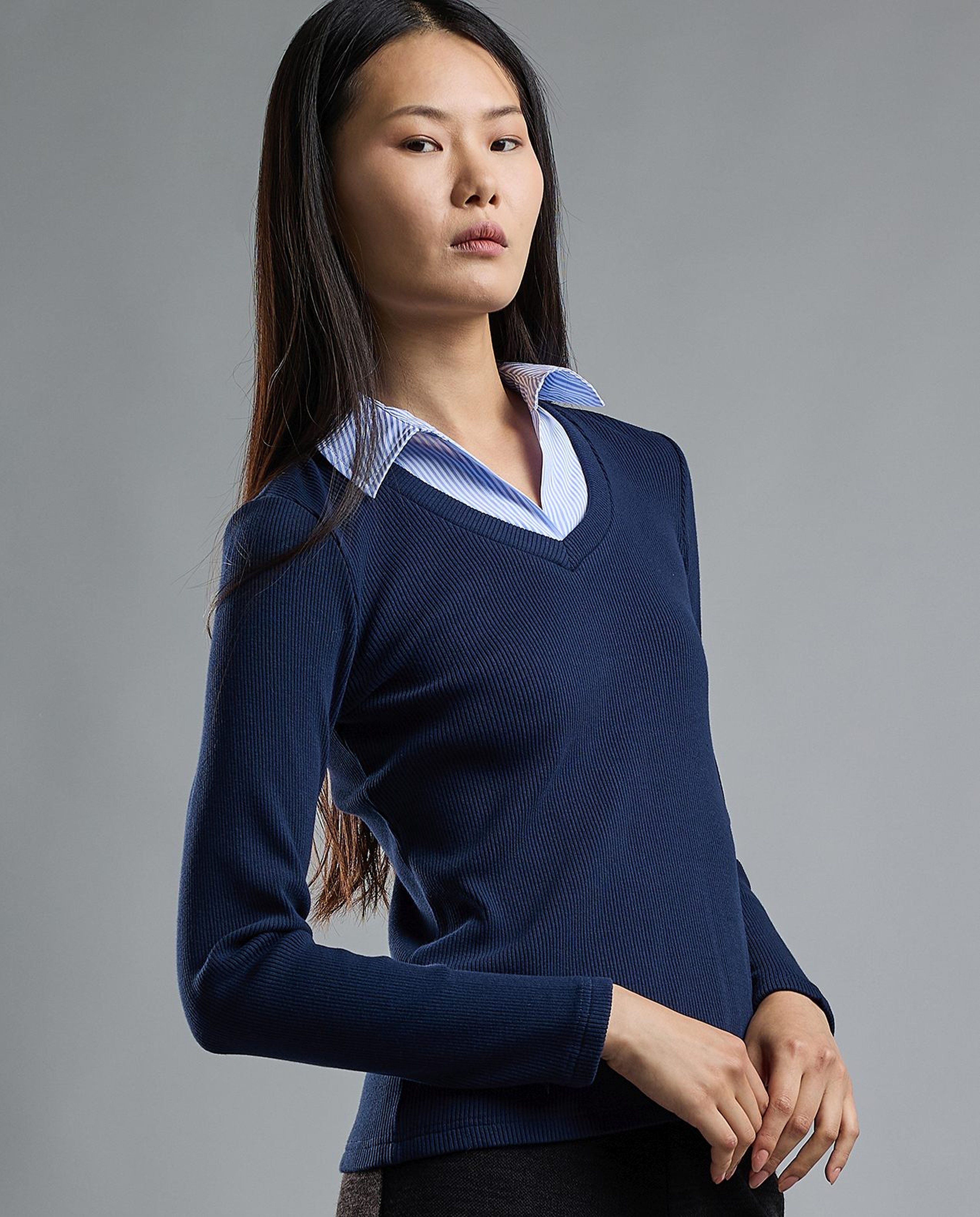 Ribbed Top with V-Neck and Long Sleeves