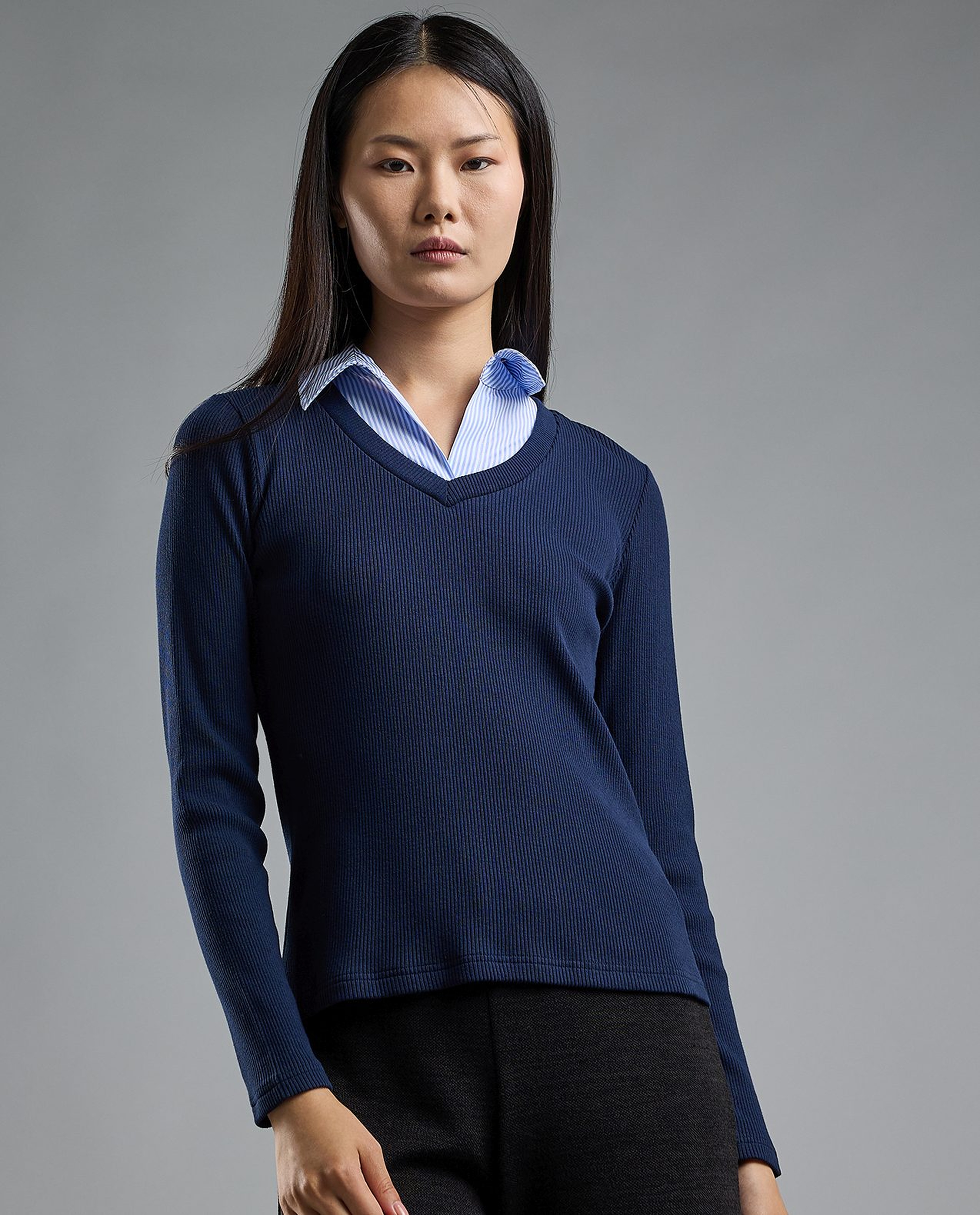 Ribbed Top with V-Neck and Long Sleeves