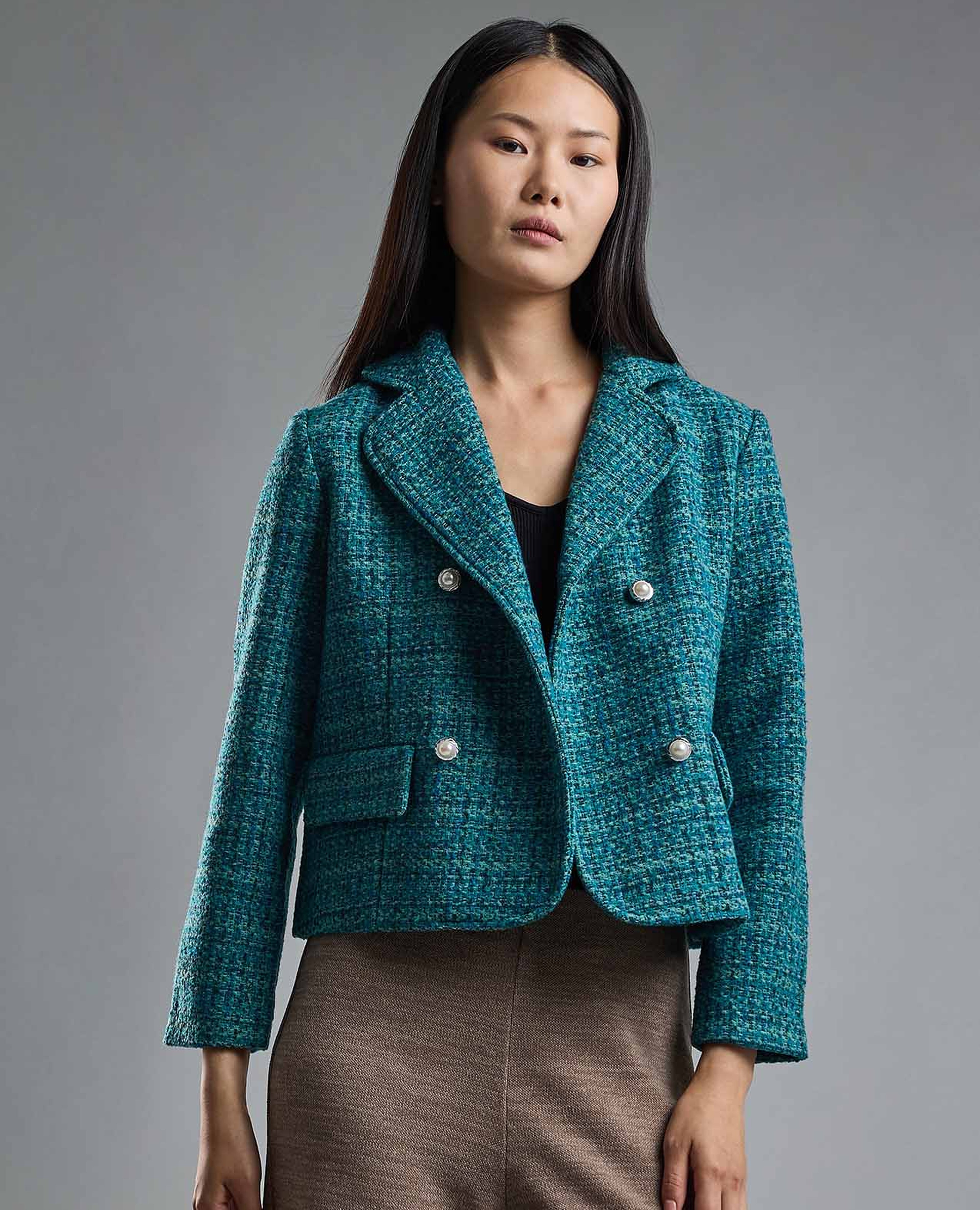 Textured Double Breasted Crop Blazer with Long Sleeves