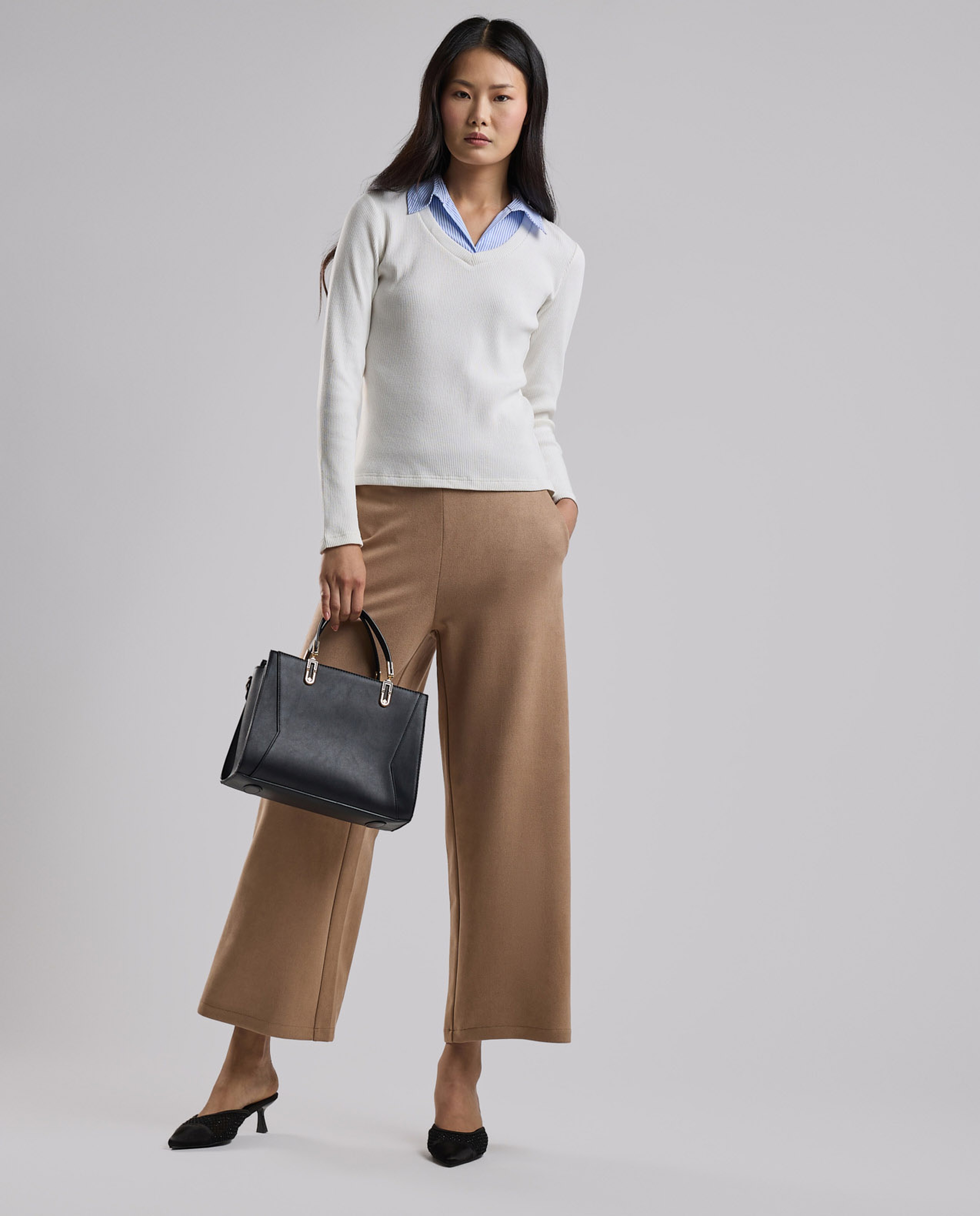 Ribbed Top with V-Neck and Long Sleeves