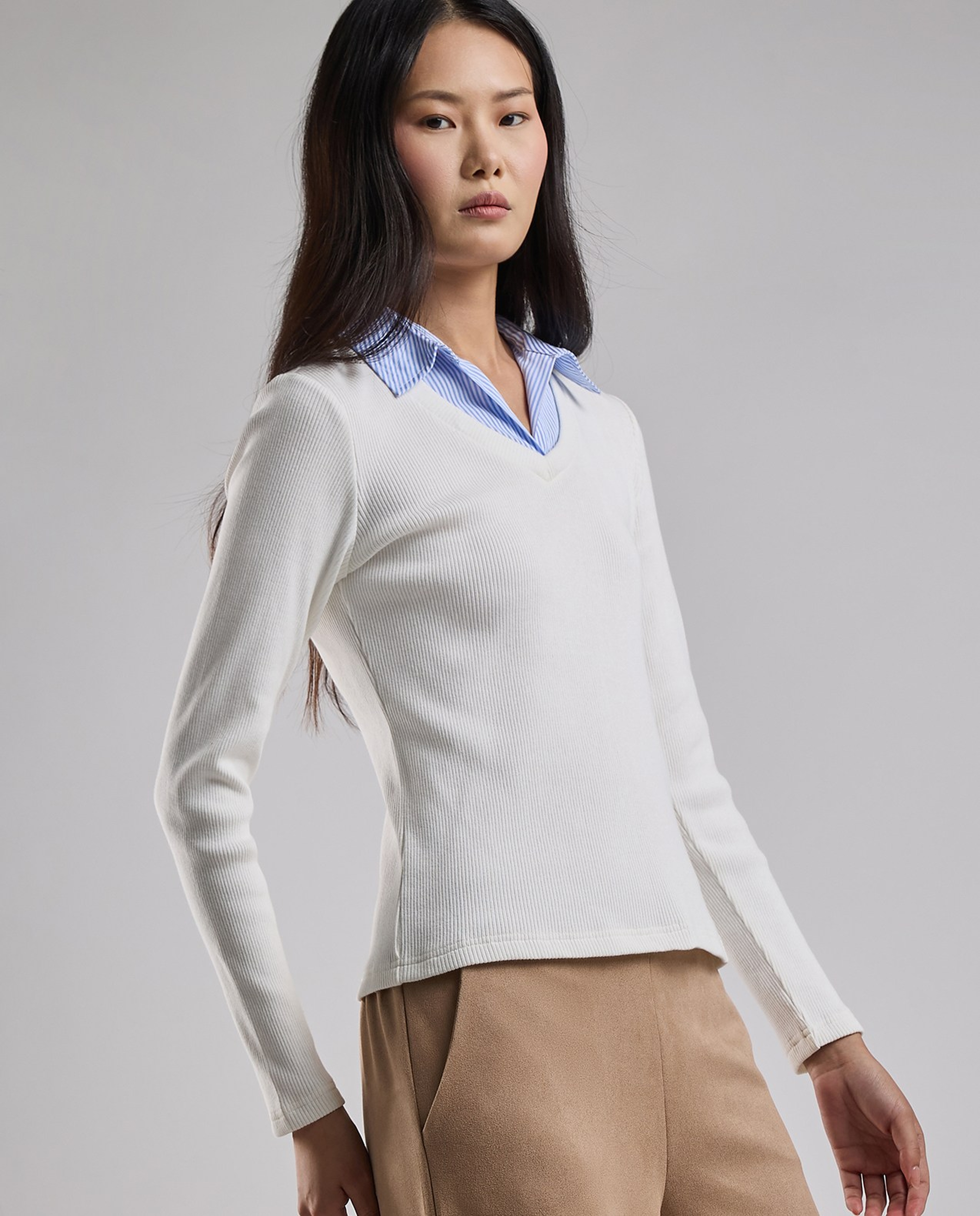 Ribbed Top with V-Neck and Long Sleeves