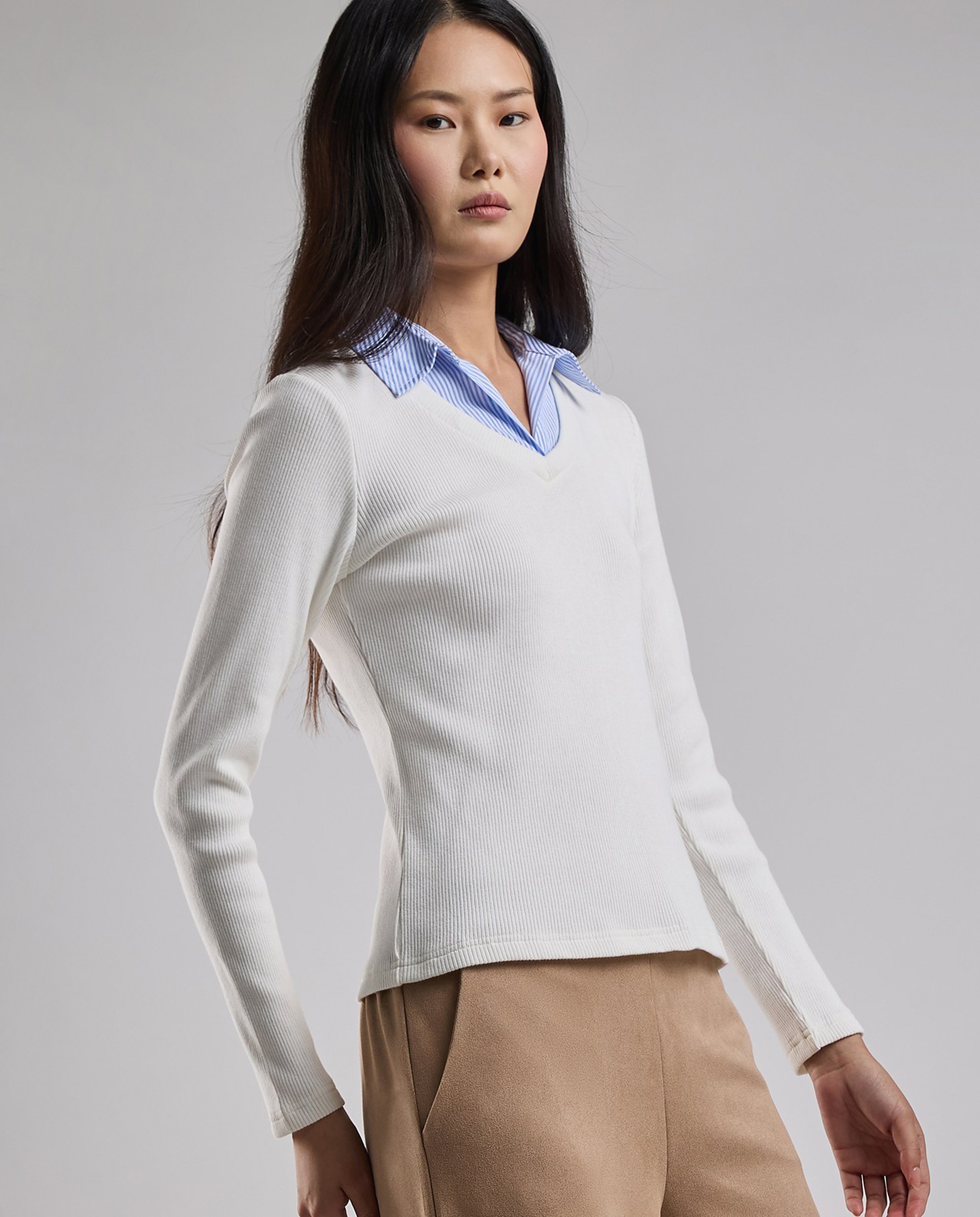 Ribbed Top with V-Neck and Long Sleeves