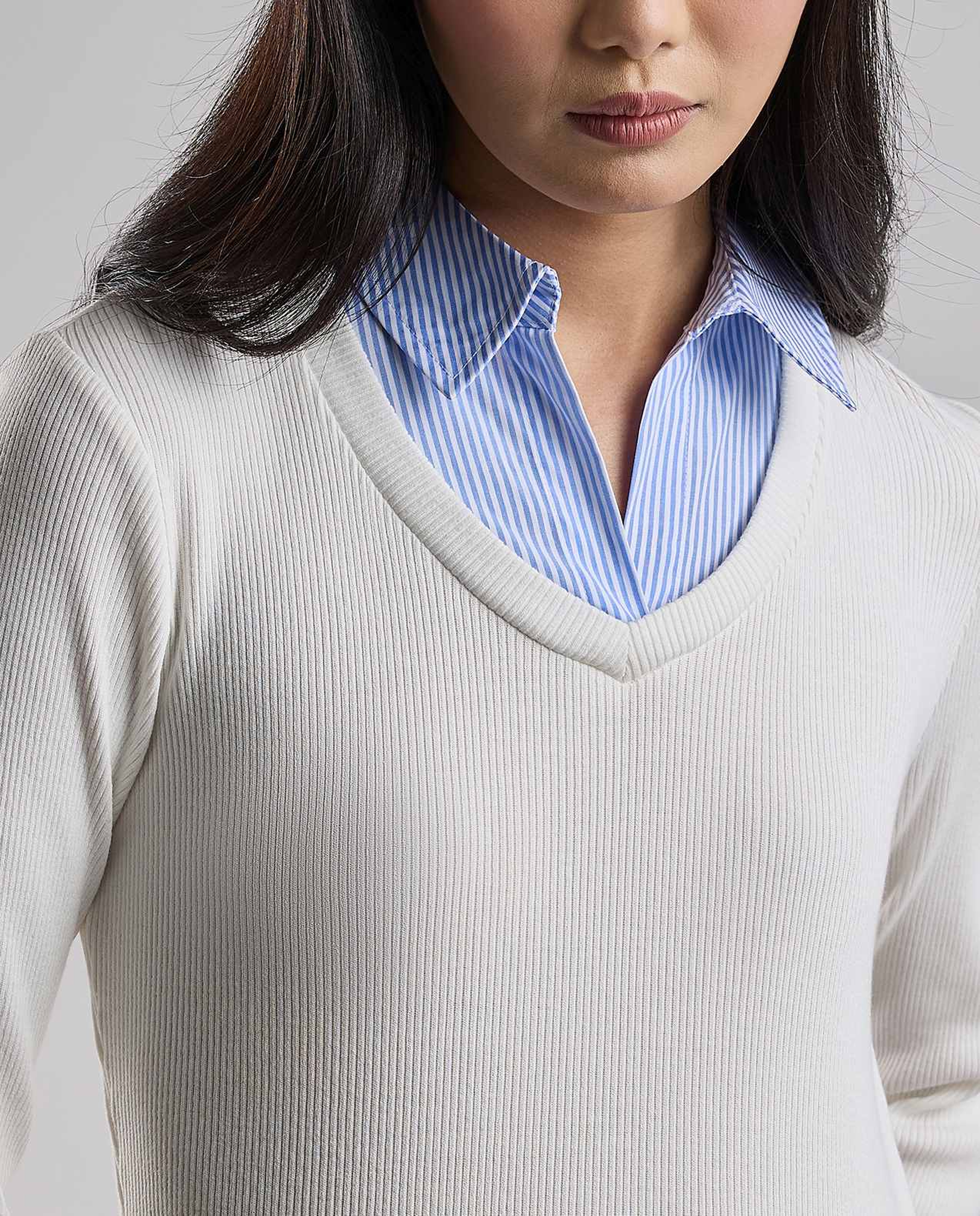Ribbed Top with V-Neck and Long Sleeves