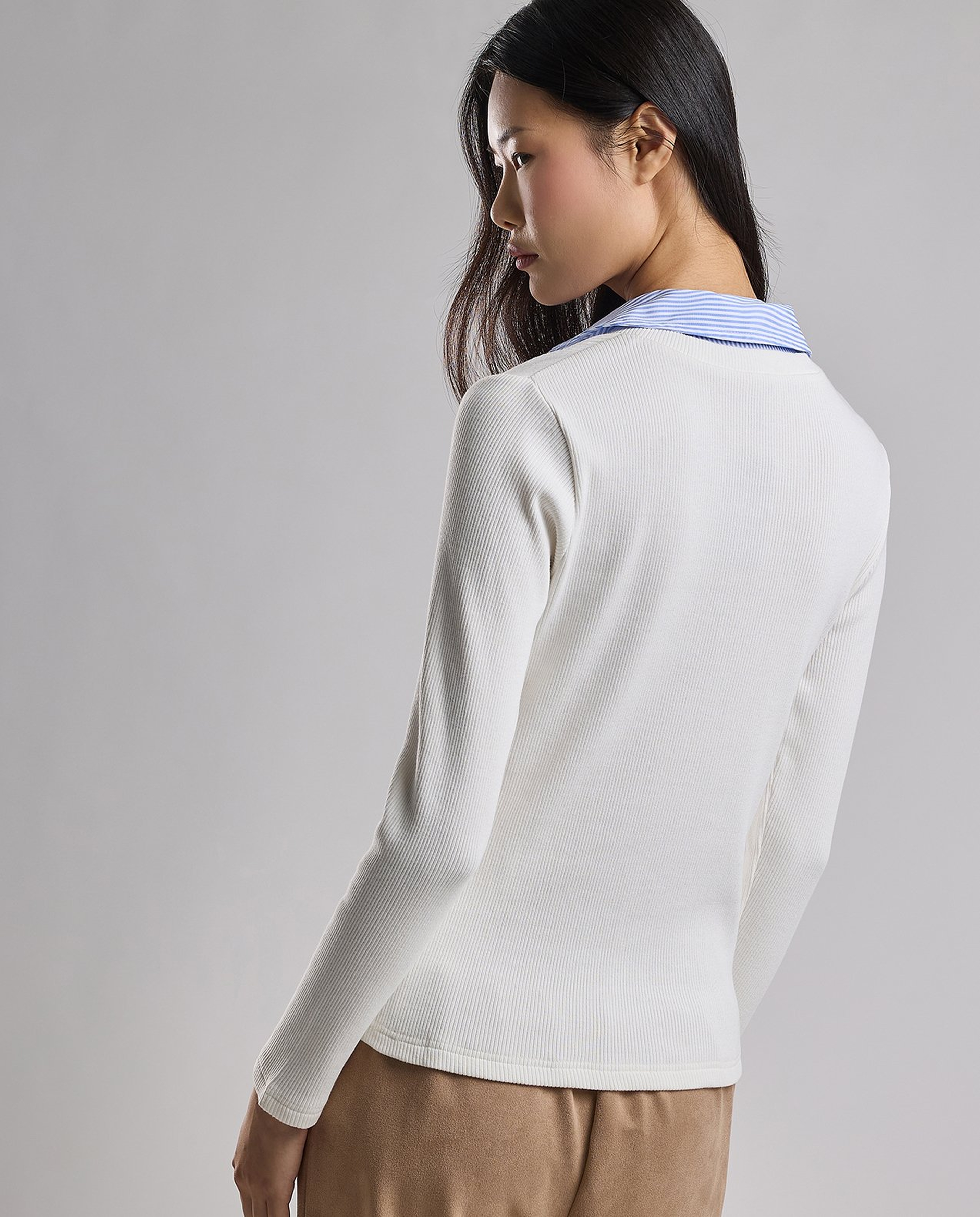 Ribbed Top with V-Neck and Long Sleeves