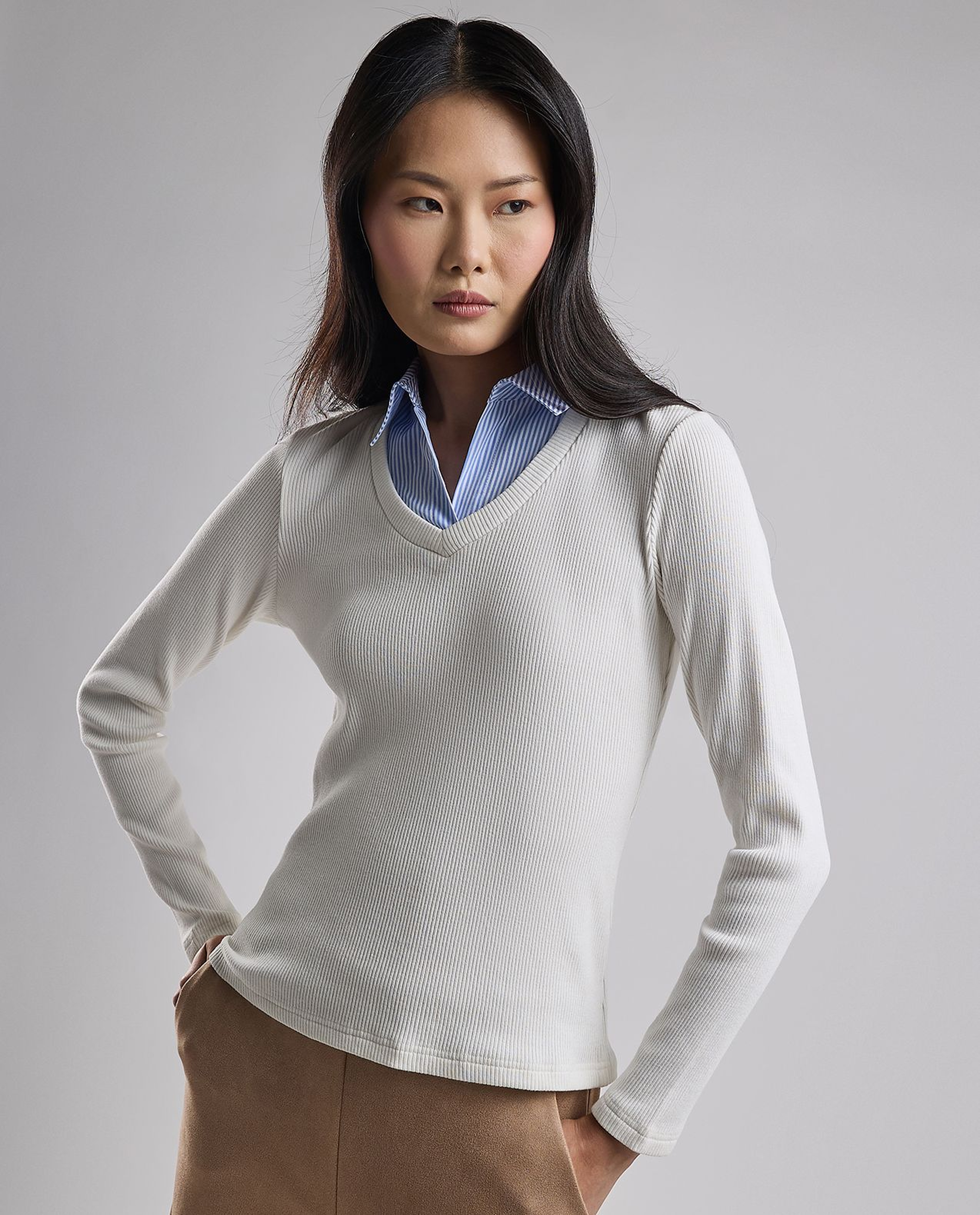 Ribbed Top with V-Neck and Long Sleeves