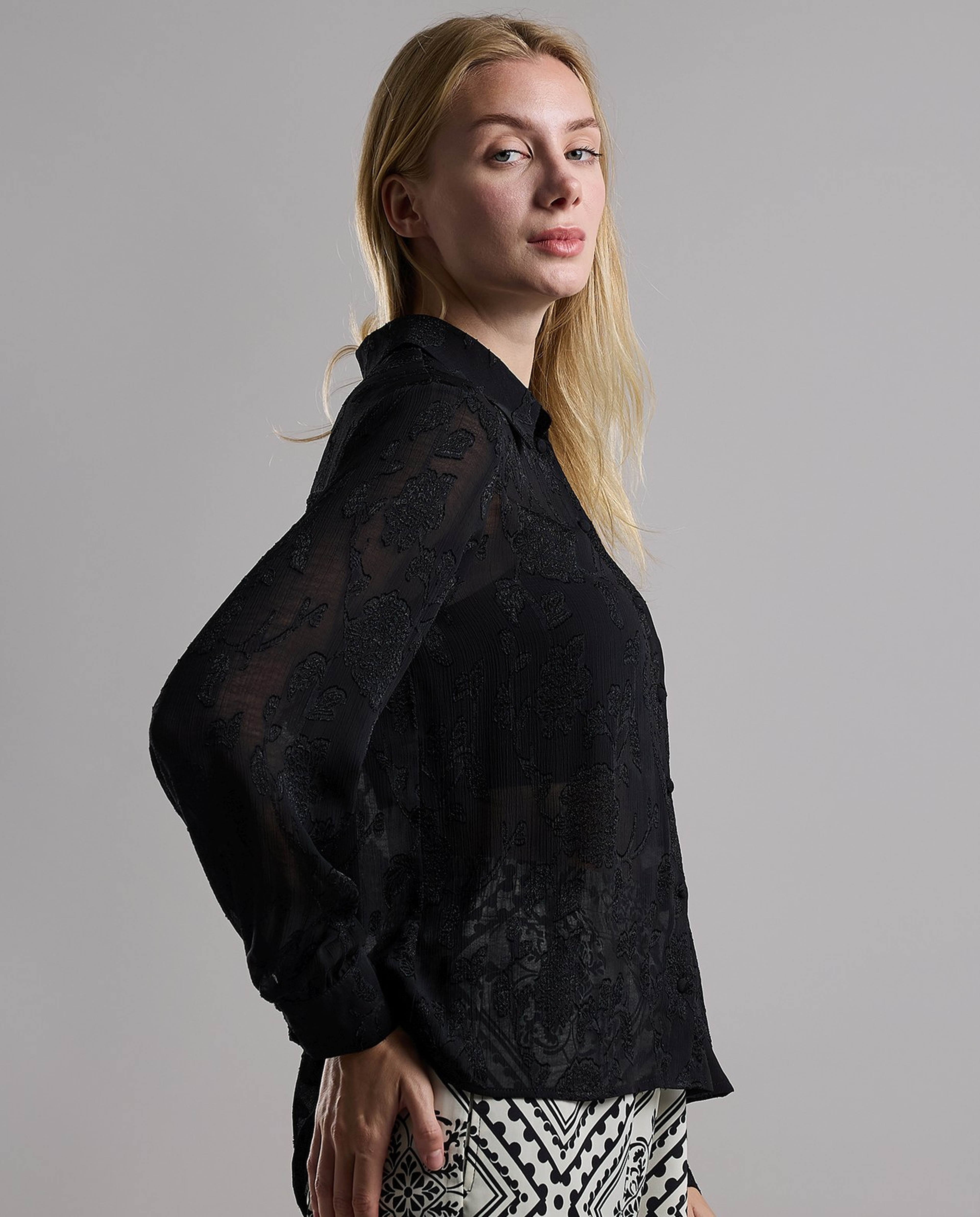 Self Patterned Shirt with Classic Collar and Long Sleeves