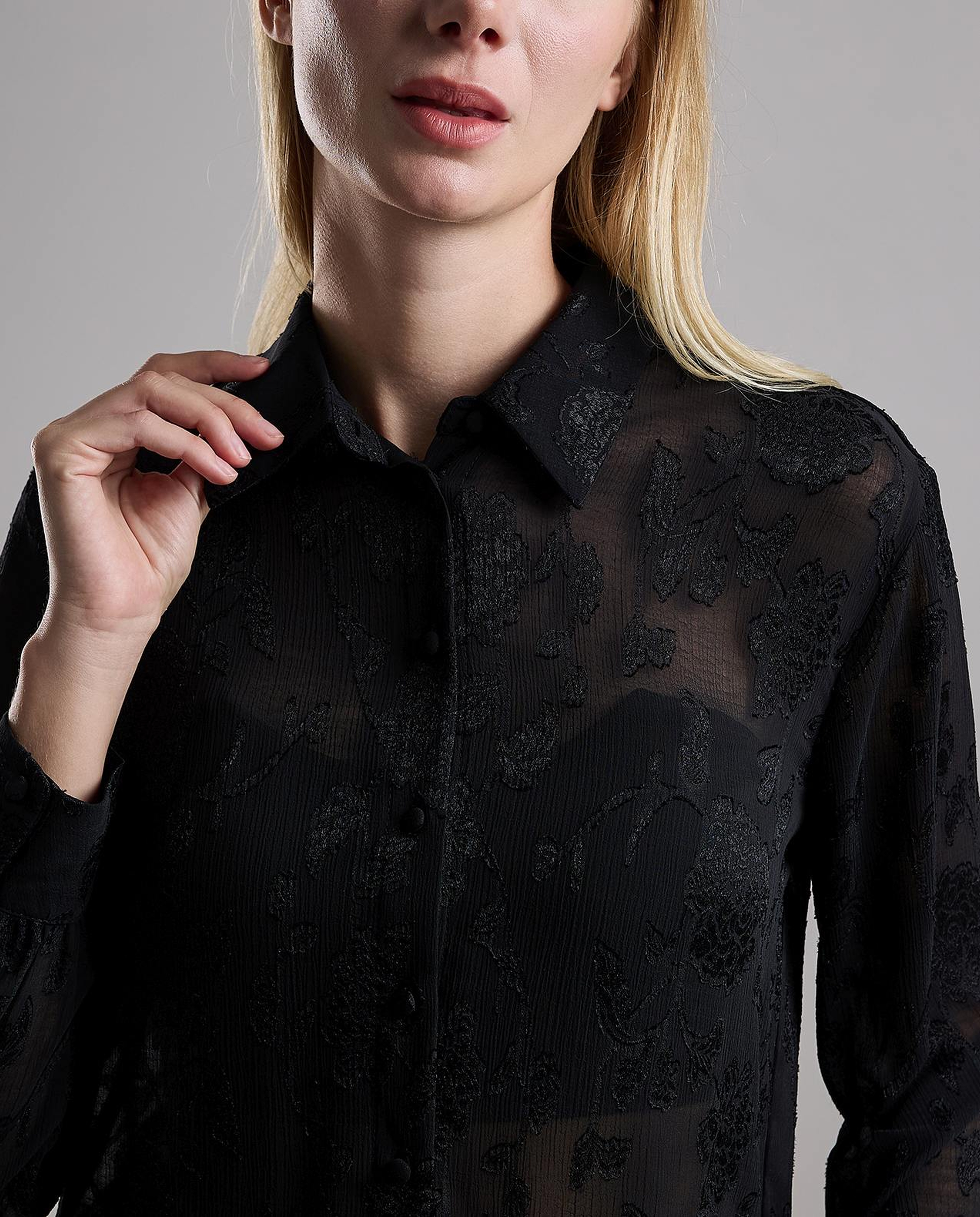 Self Patterned Shirt with Classic Collar and Long Sleeves