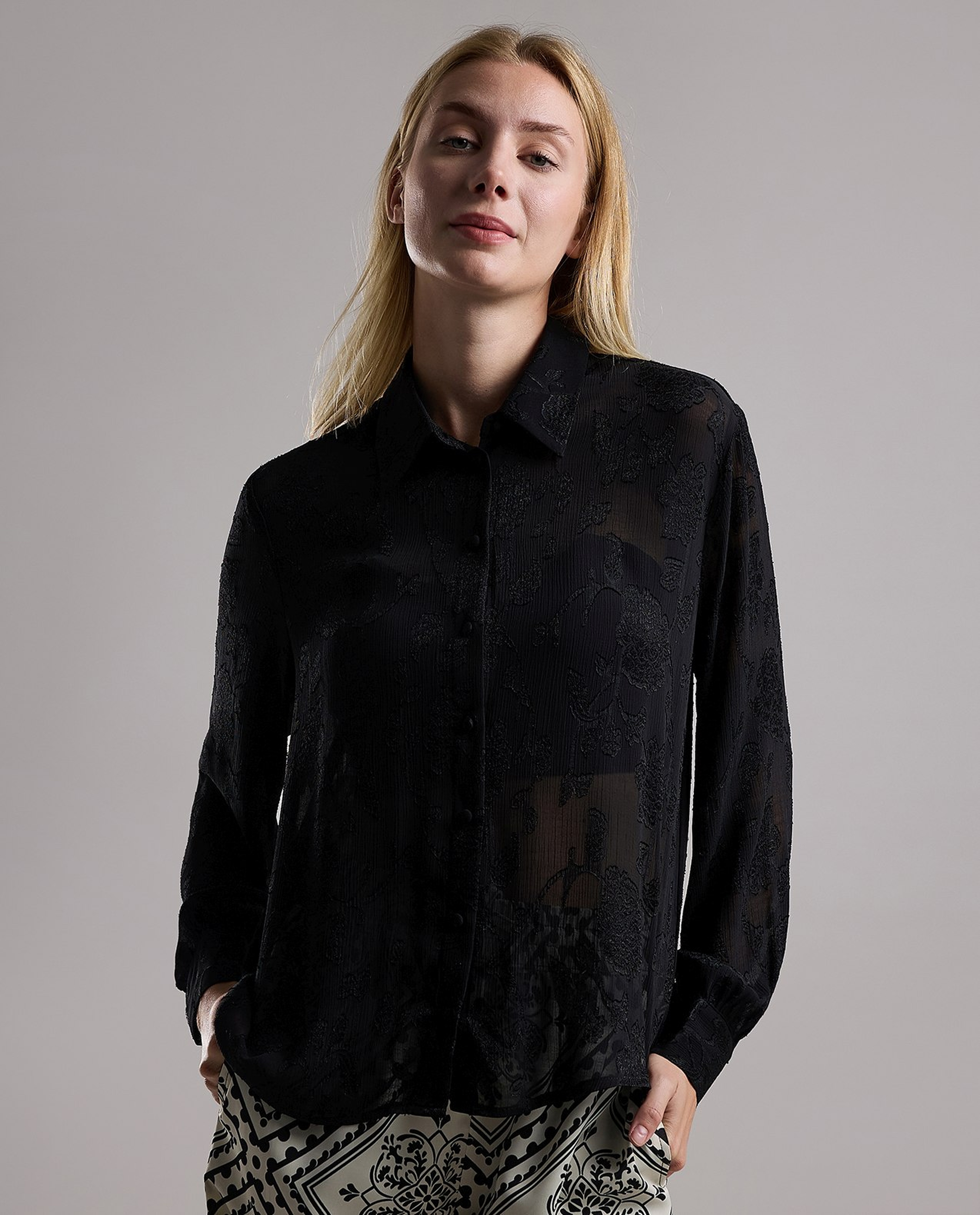 Self Patterned Shirt with Classic Collar and Long Sleeves