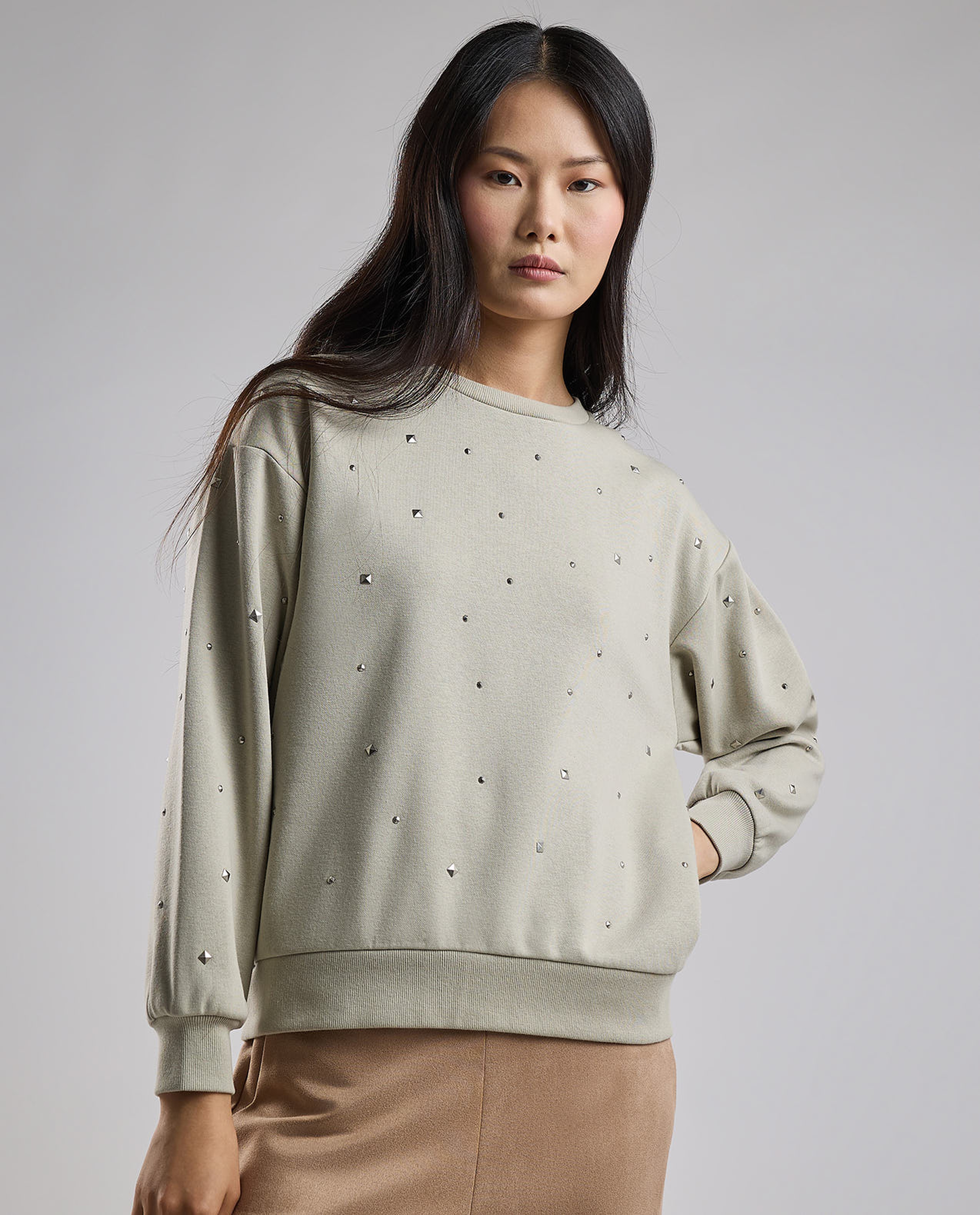 Embellished Sweatshirt with Crew Neck and Long Sleeves