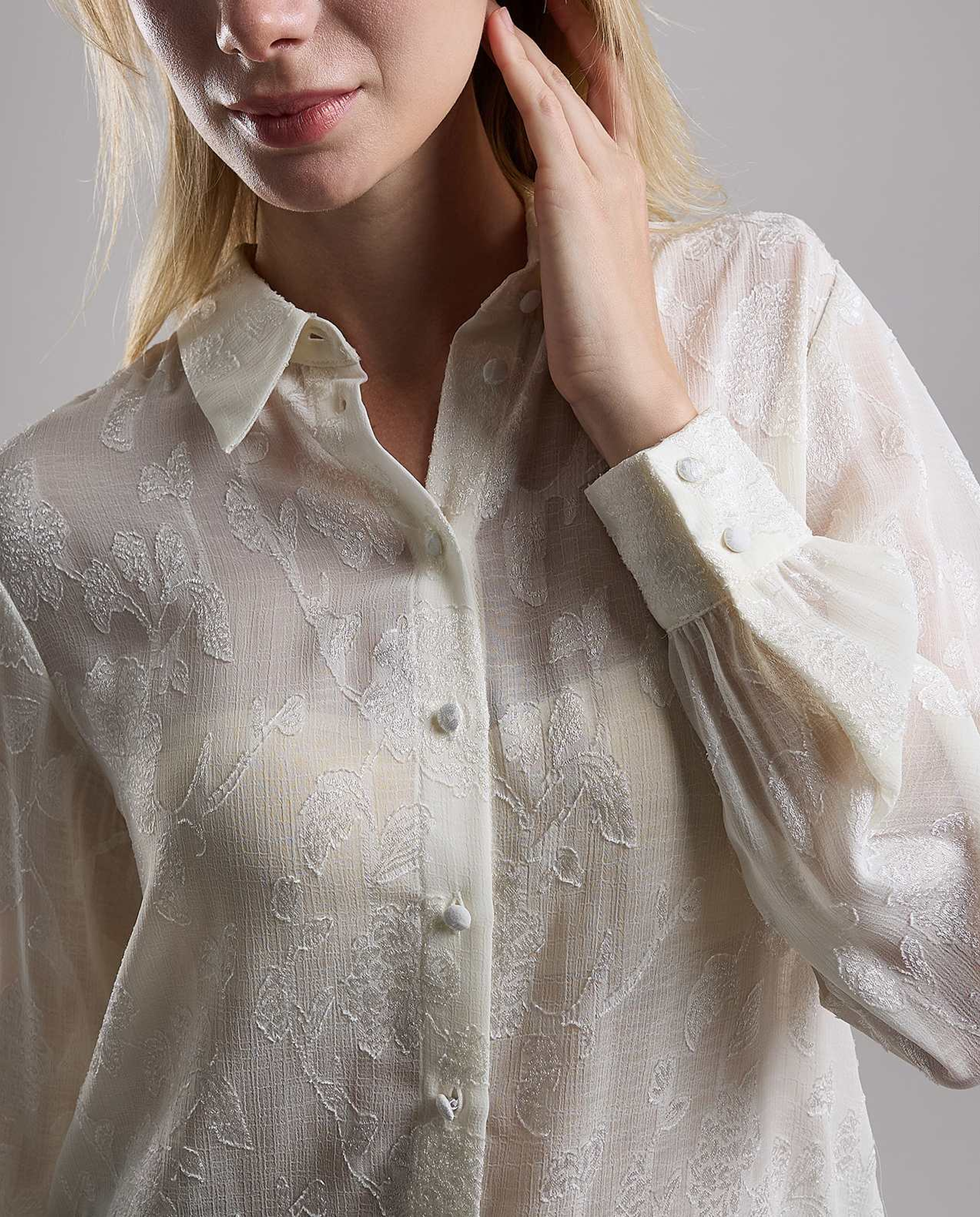 Self Patterned Shirt with Classic Collar and Long Sleeves