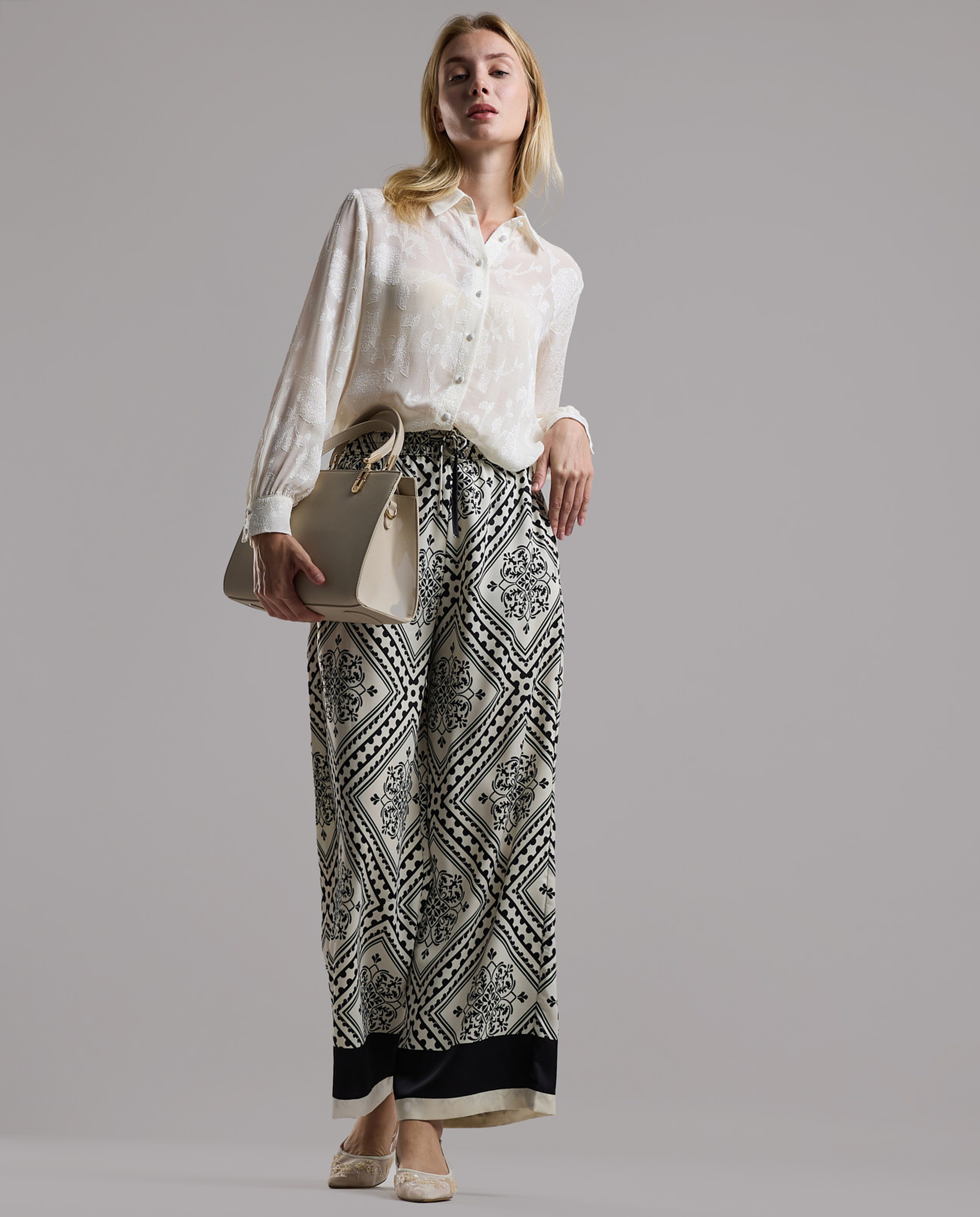 Self Patterned Shirt with Classic Collar and Long Sleeves