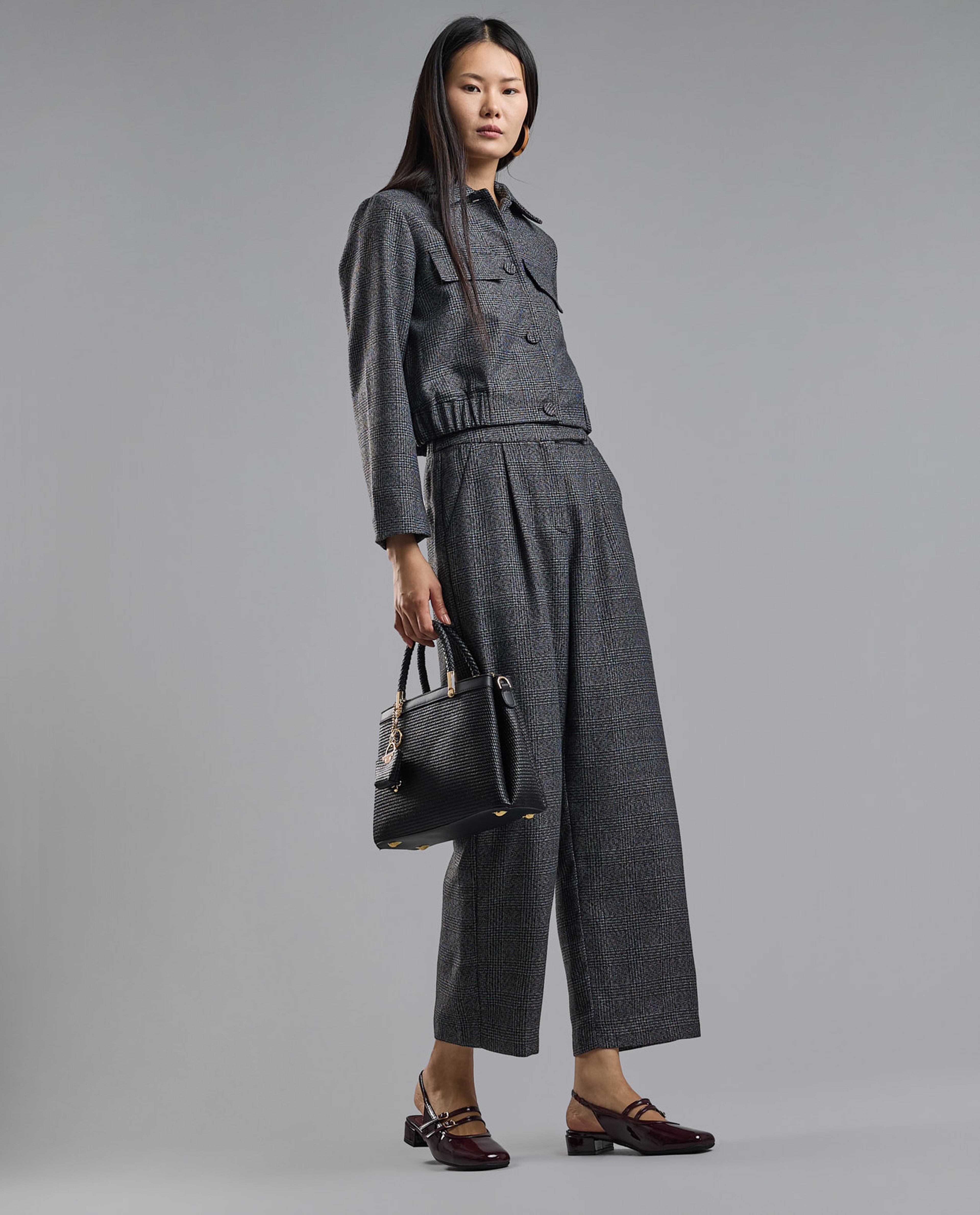 Plaid Wide Leg Trousers with Button Closure