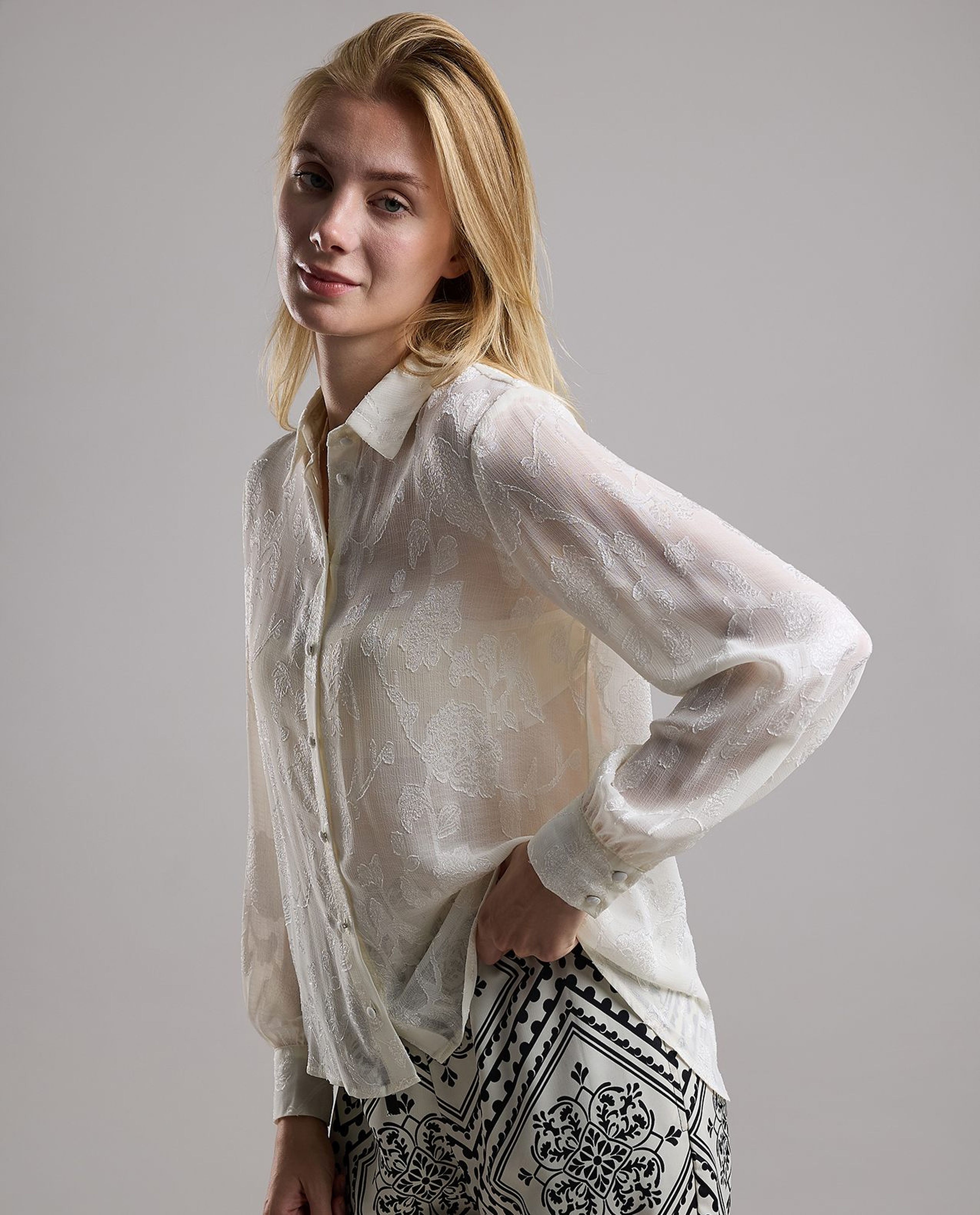 Self Patterned Shirt with Classic Collar and Long Sleeves