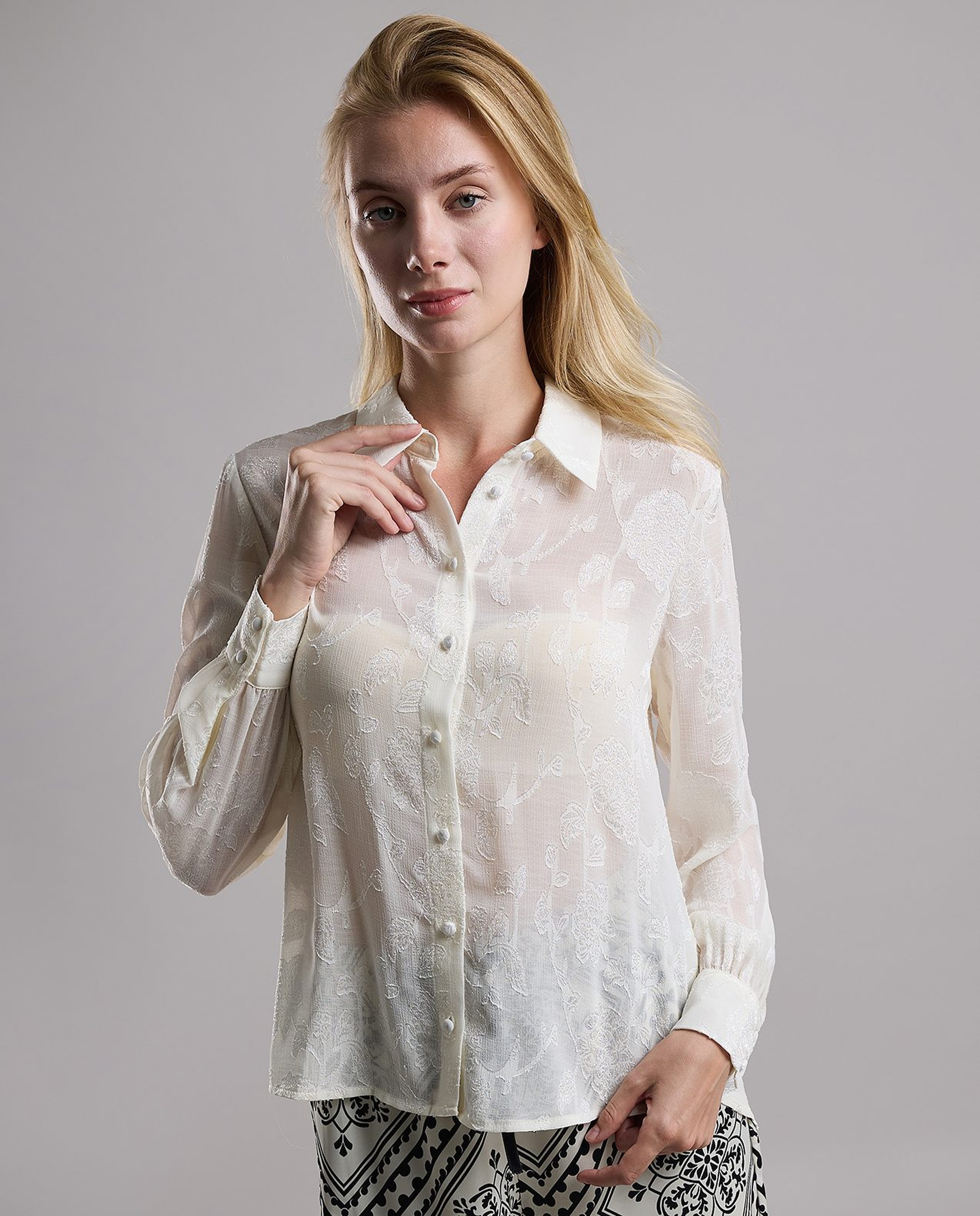Self Patterned Shirt with Classic Collar and Long Sleeves