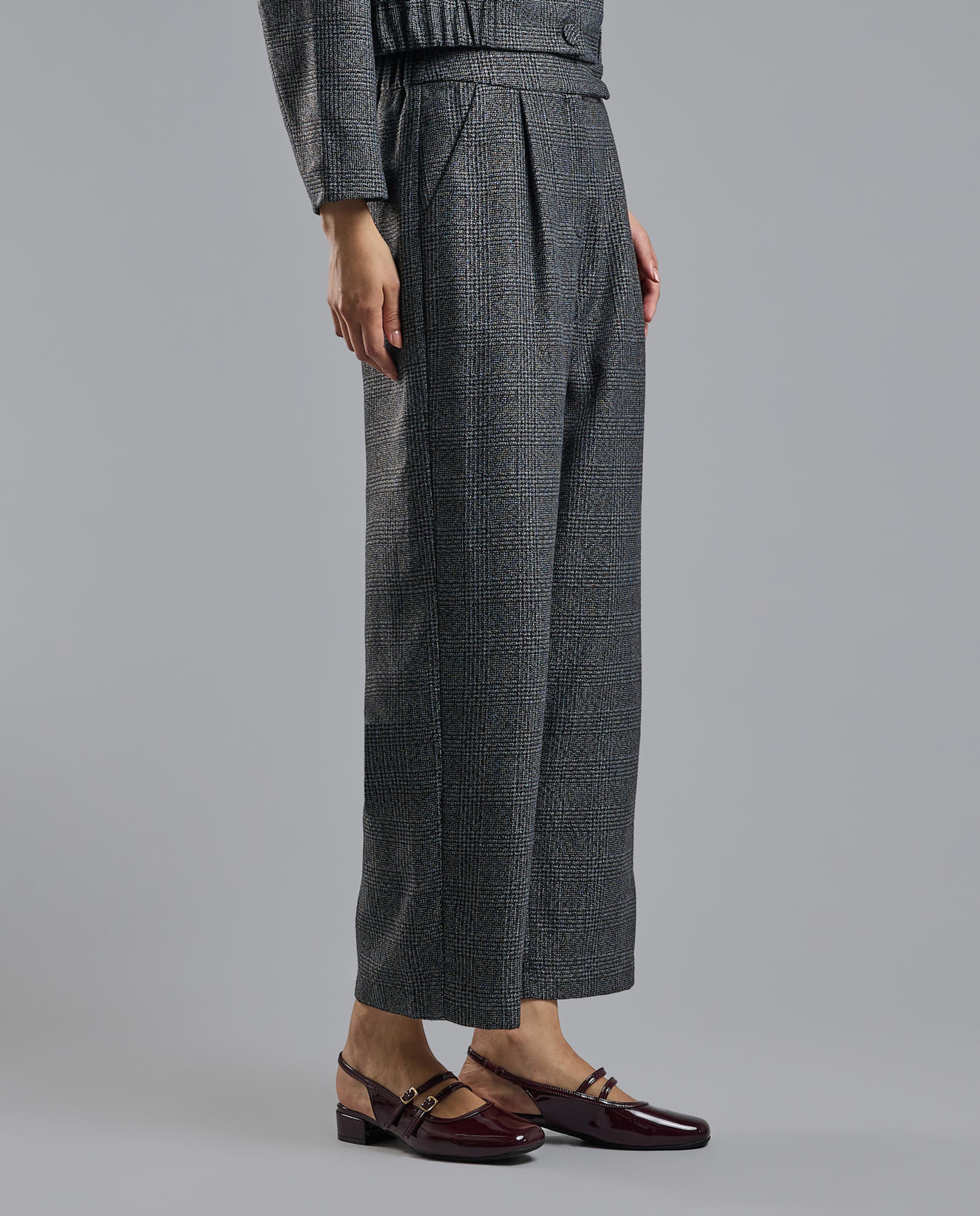 Plaid Wide Leg Trousers with Button Closure