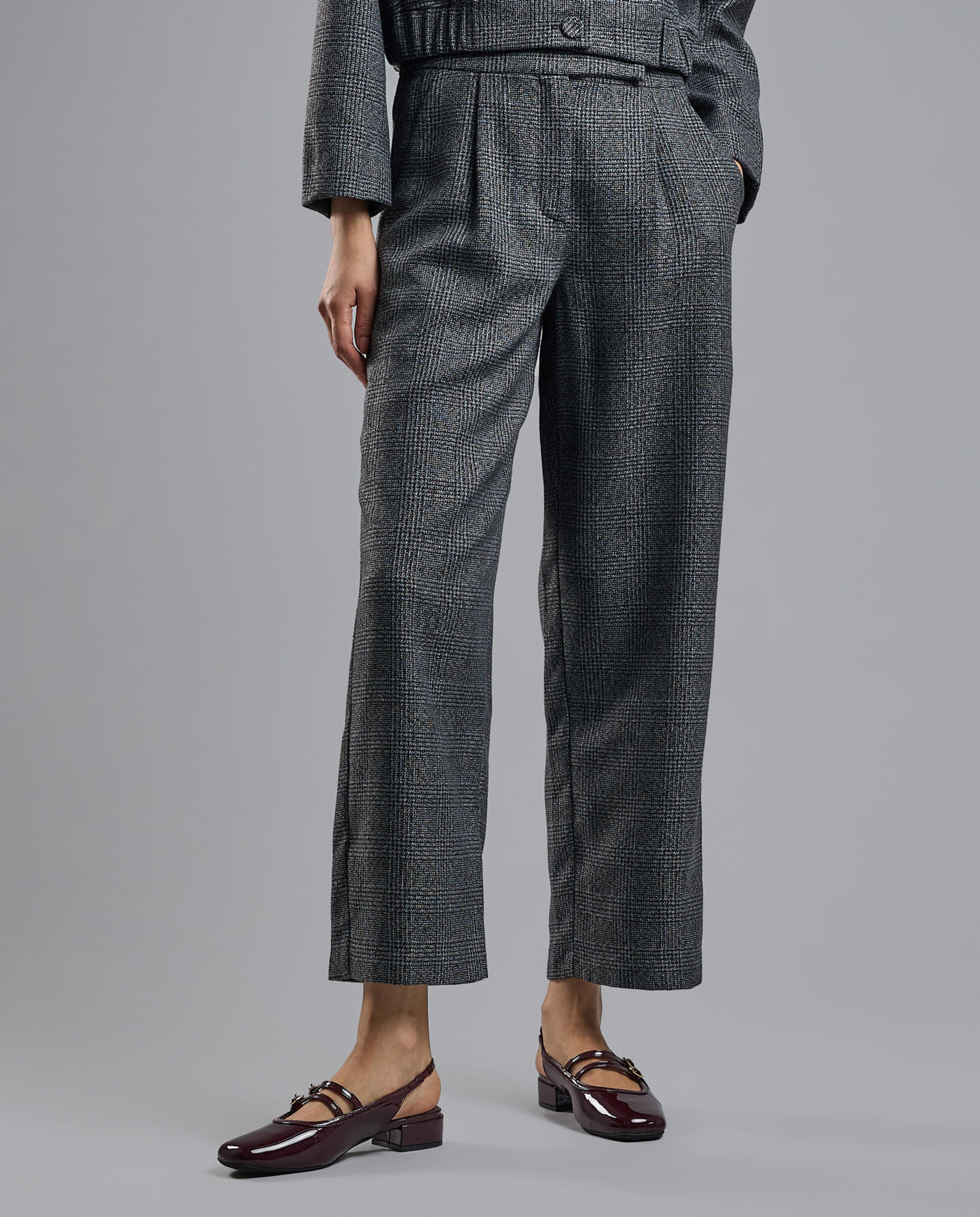 Plaid Wide Leg Trousers with Button Closure