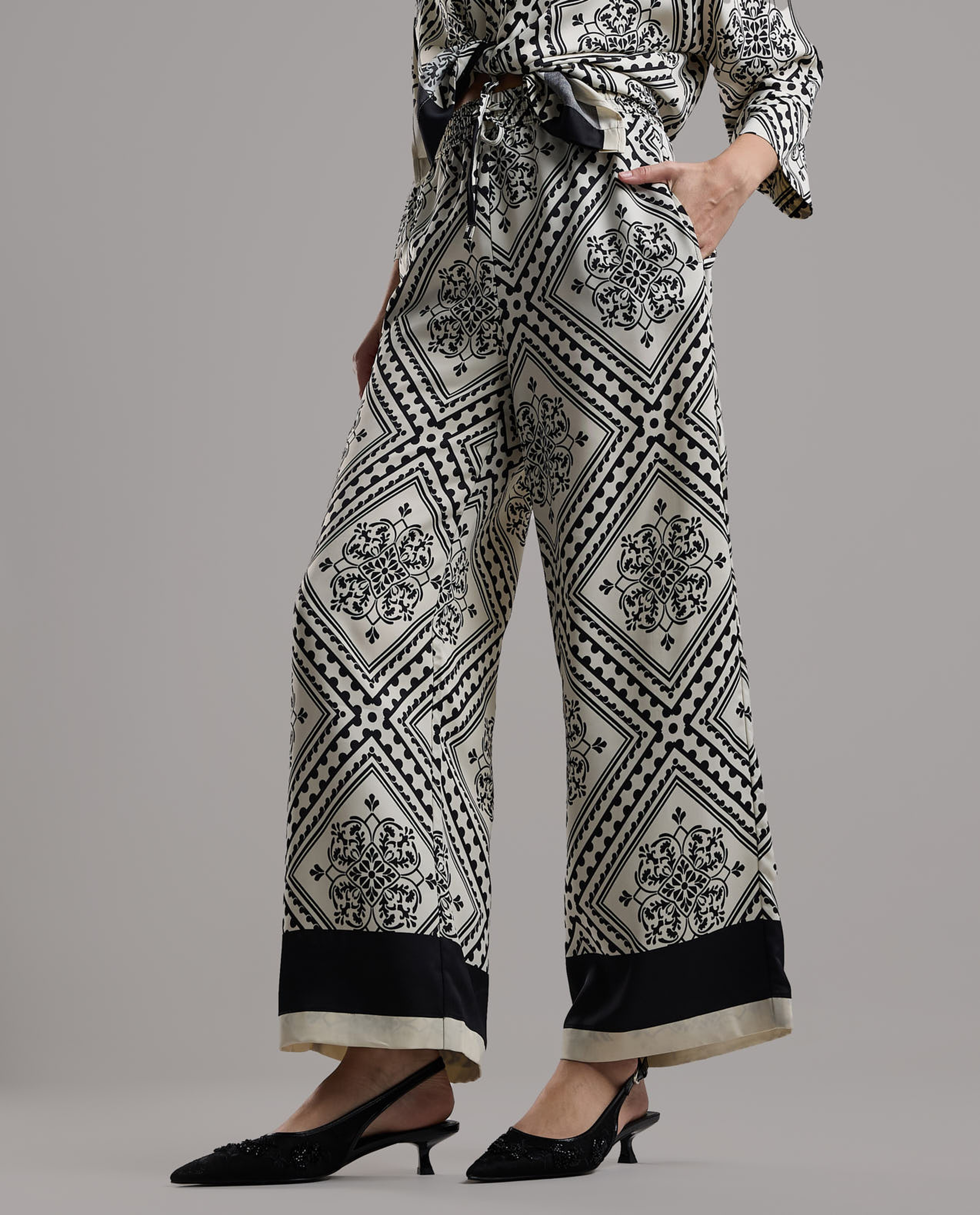 Patterned Wide Leg Pants with Drawstring Waist
