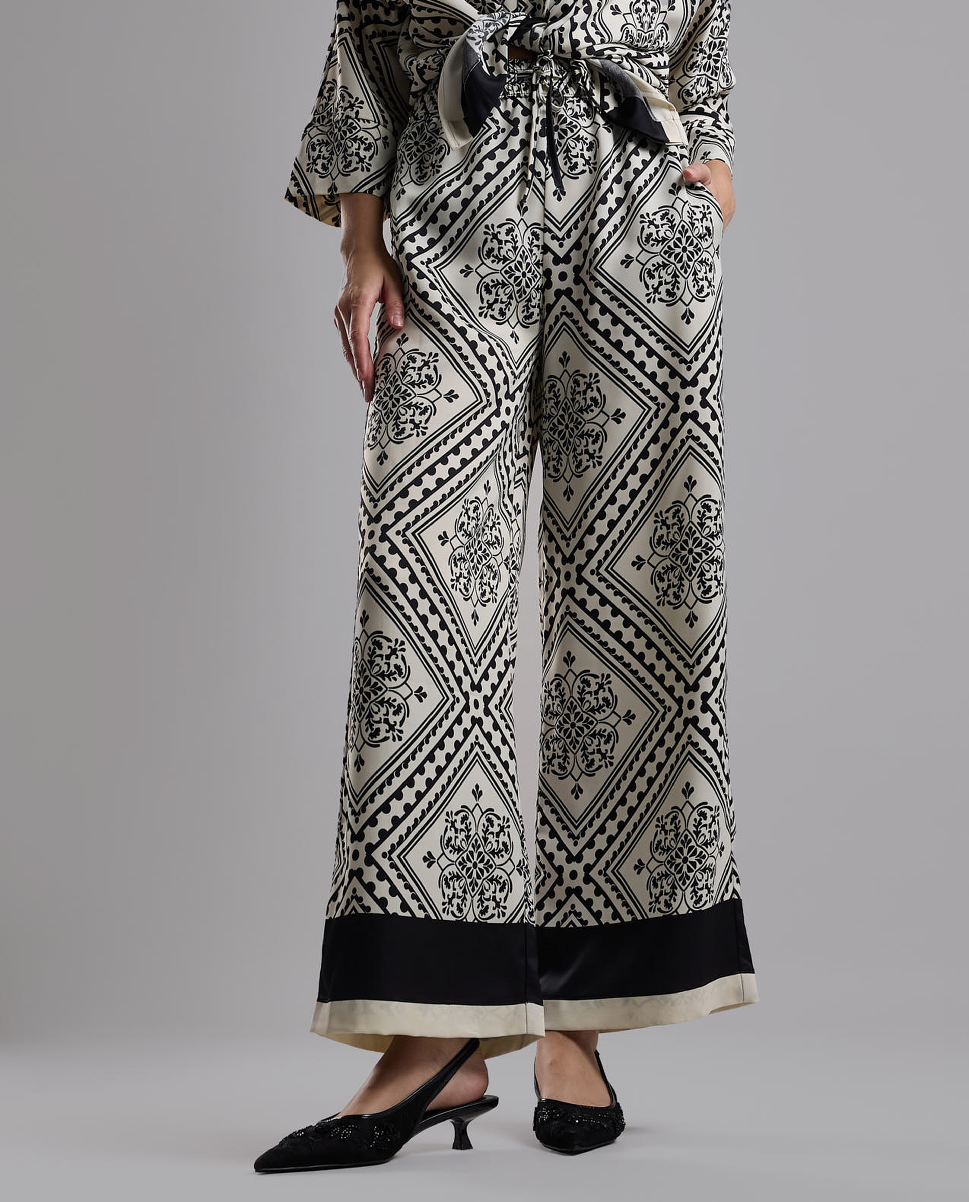 Patterned Wide Leg Pants with Drawstring Waist