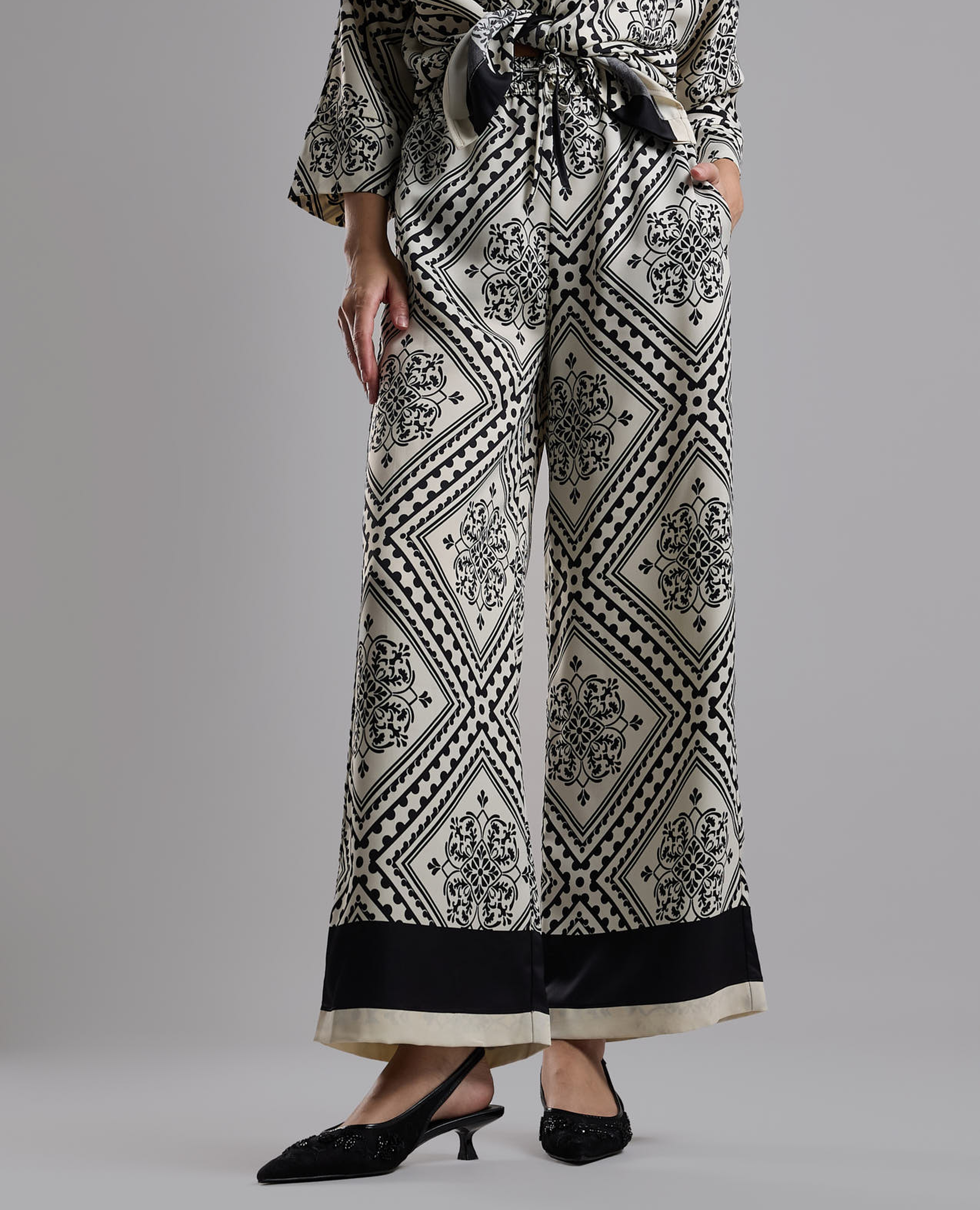 Patterned Wide Leg Pants with Drawstring Waist
