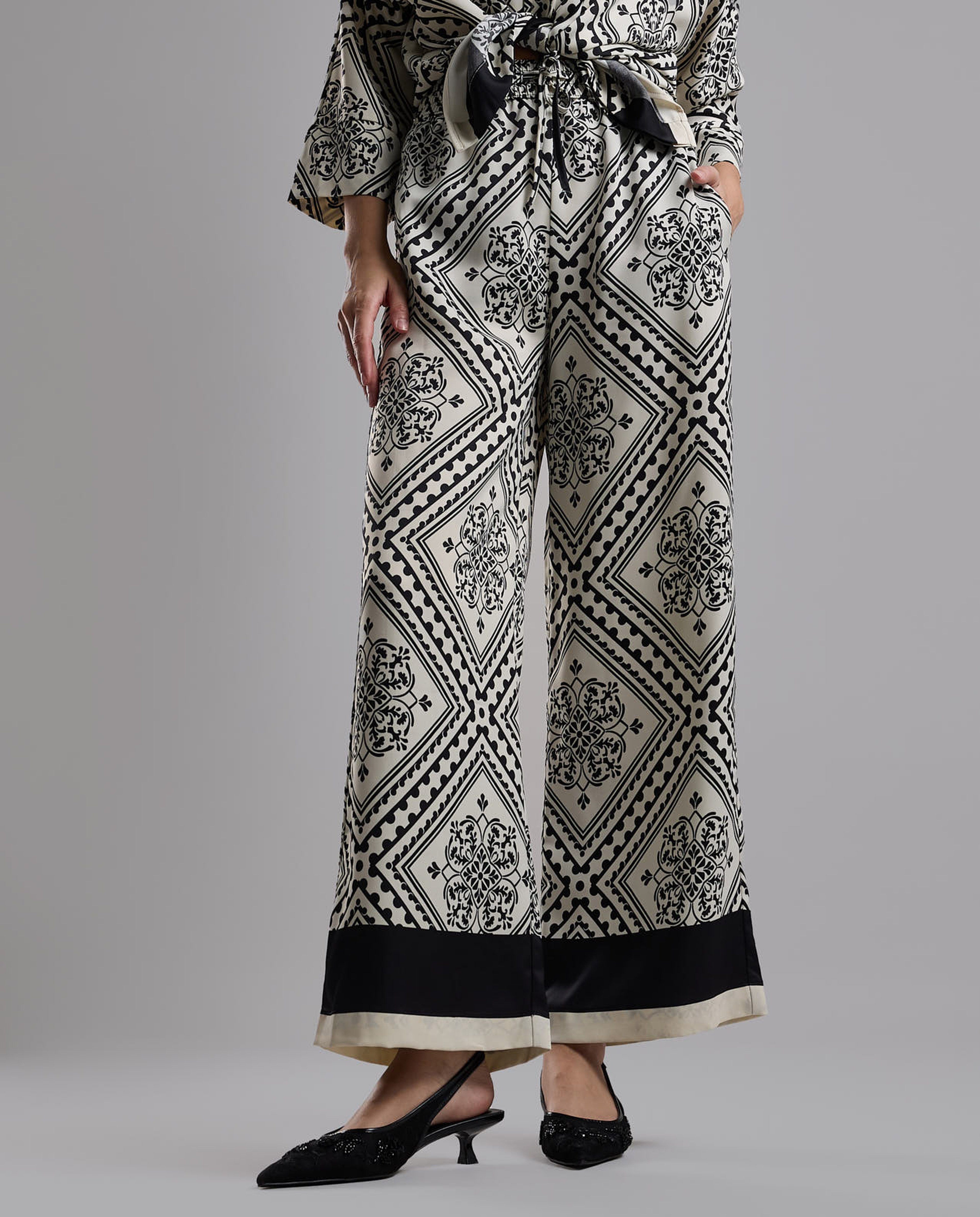 Patterned Wide Leg Pants with Drawstring Waist