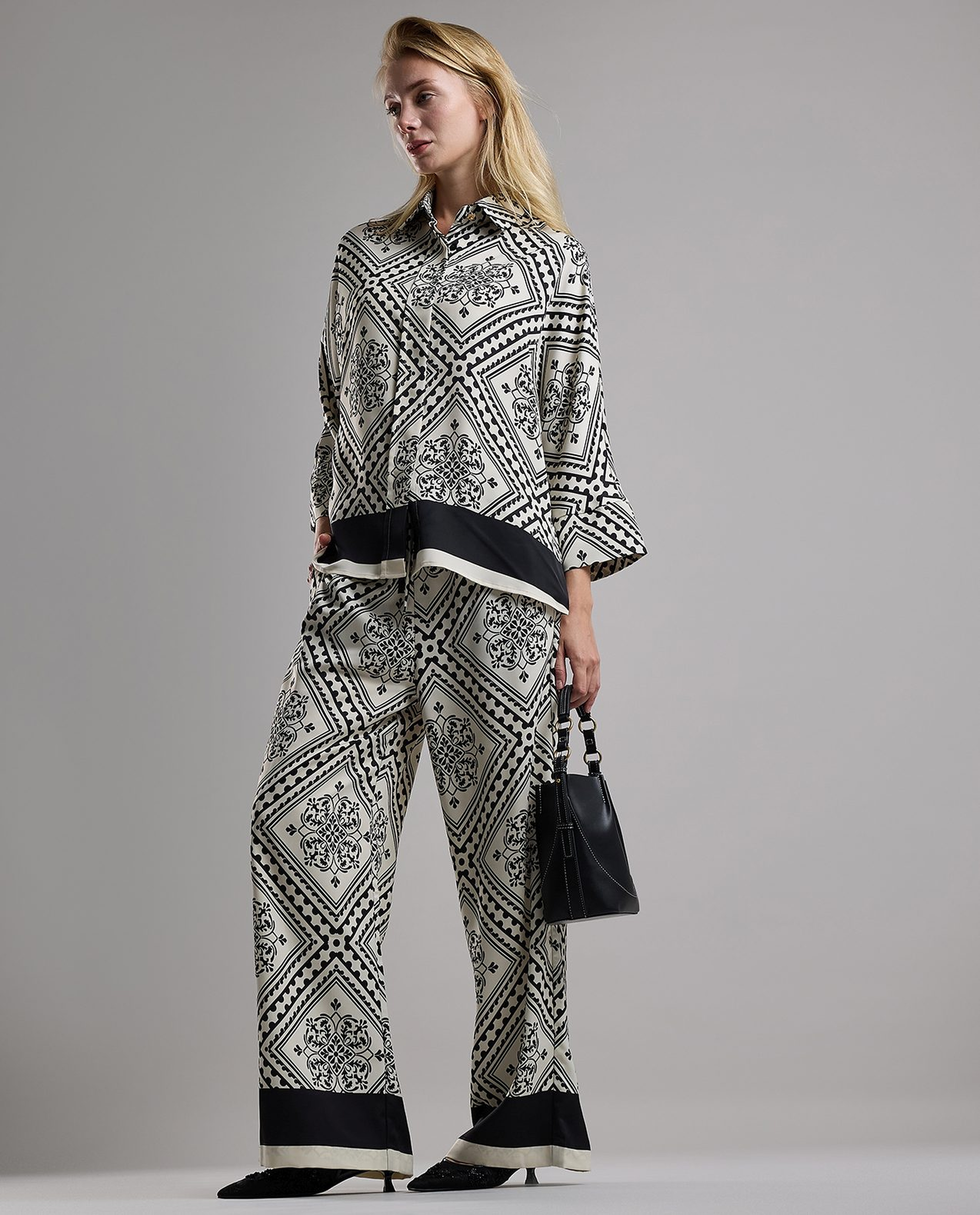 Patterned Wide Leg Pants with Drawstring Waist