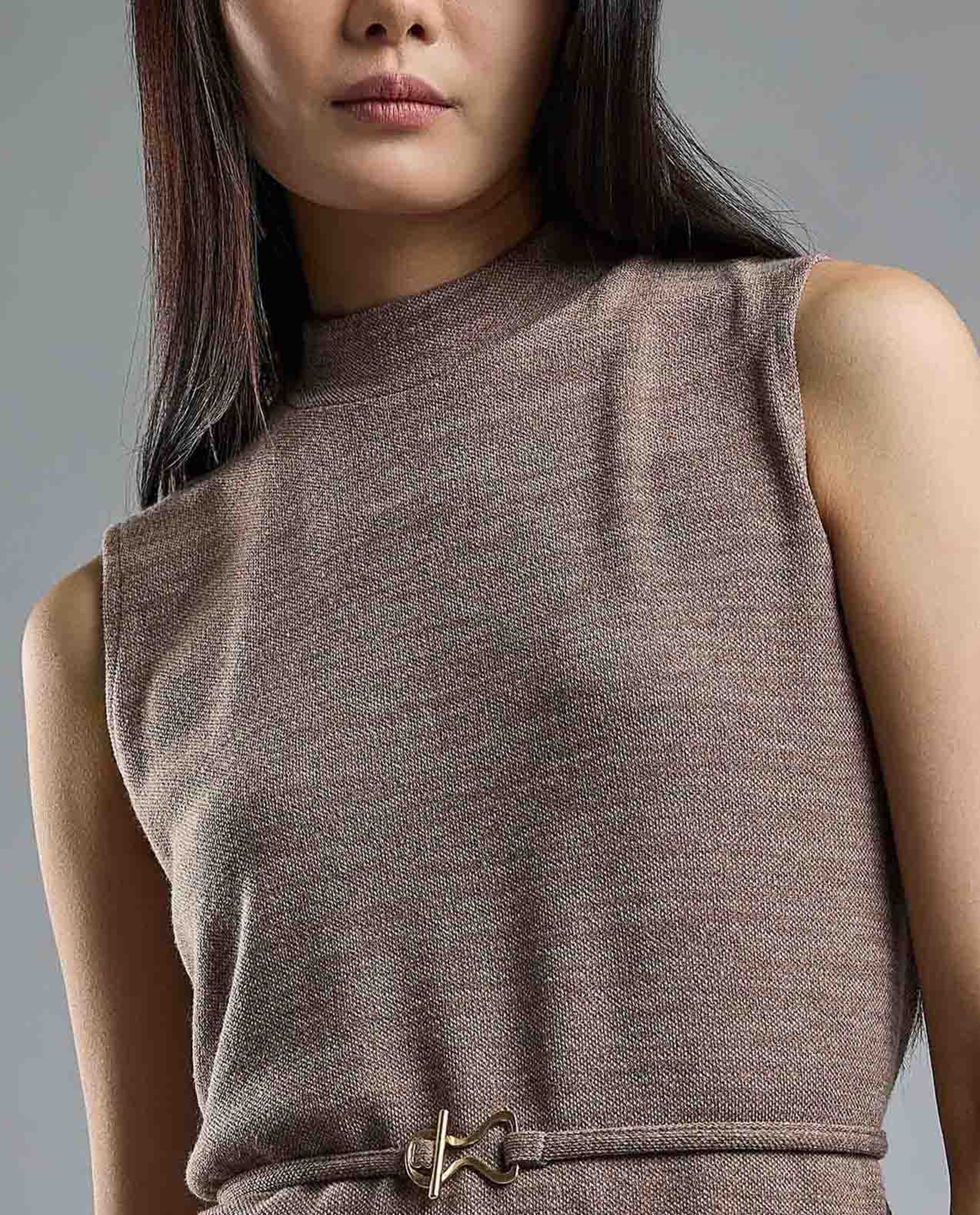 Textured Sleeveless Knit Top with High Neck
