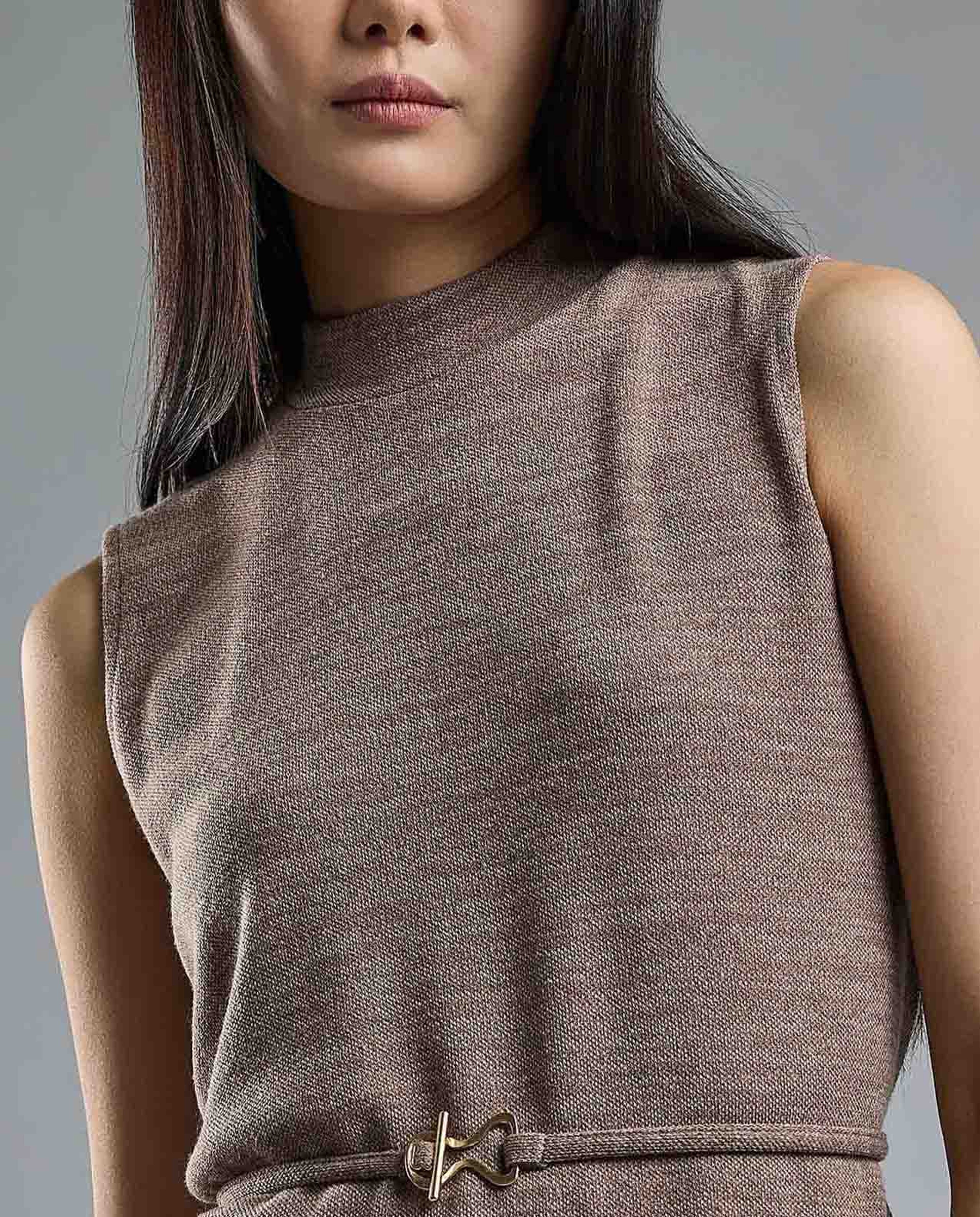 Textured Sleeveless Knit Top with High Neck