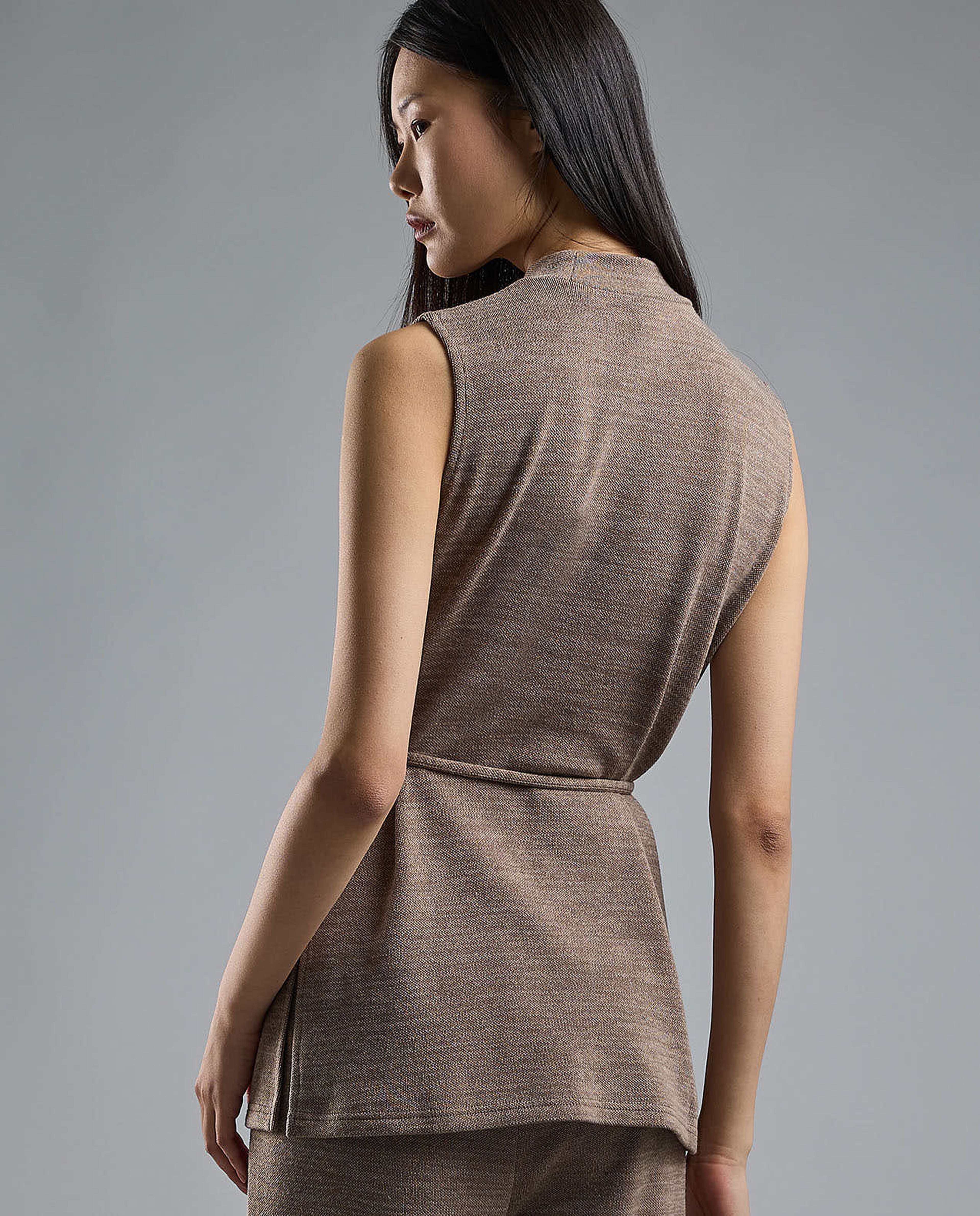 Textured Sleeveless Knit Top with High Neck