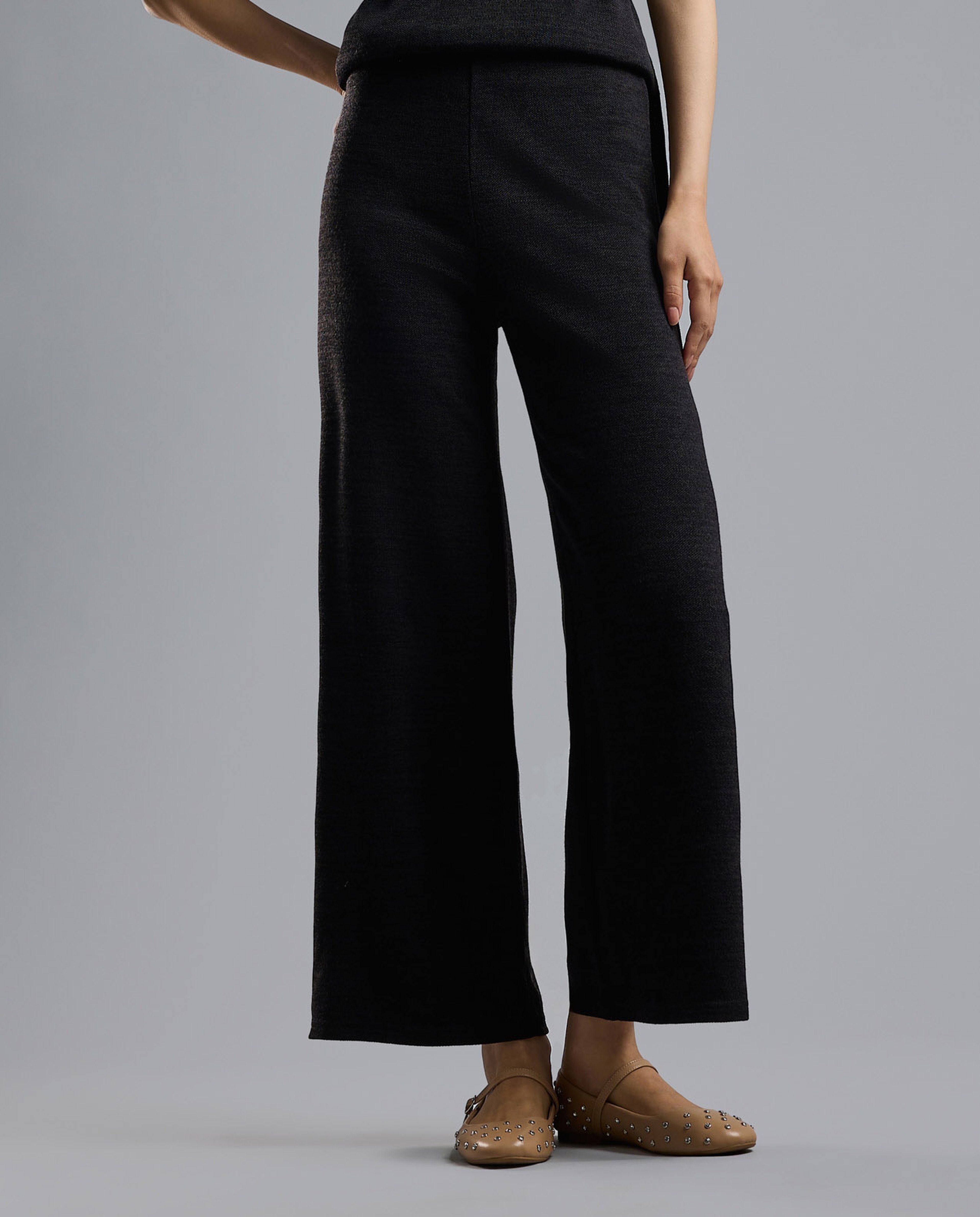 Solid Knit Pants with Elastic Waist