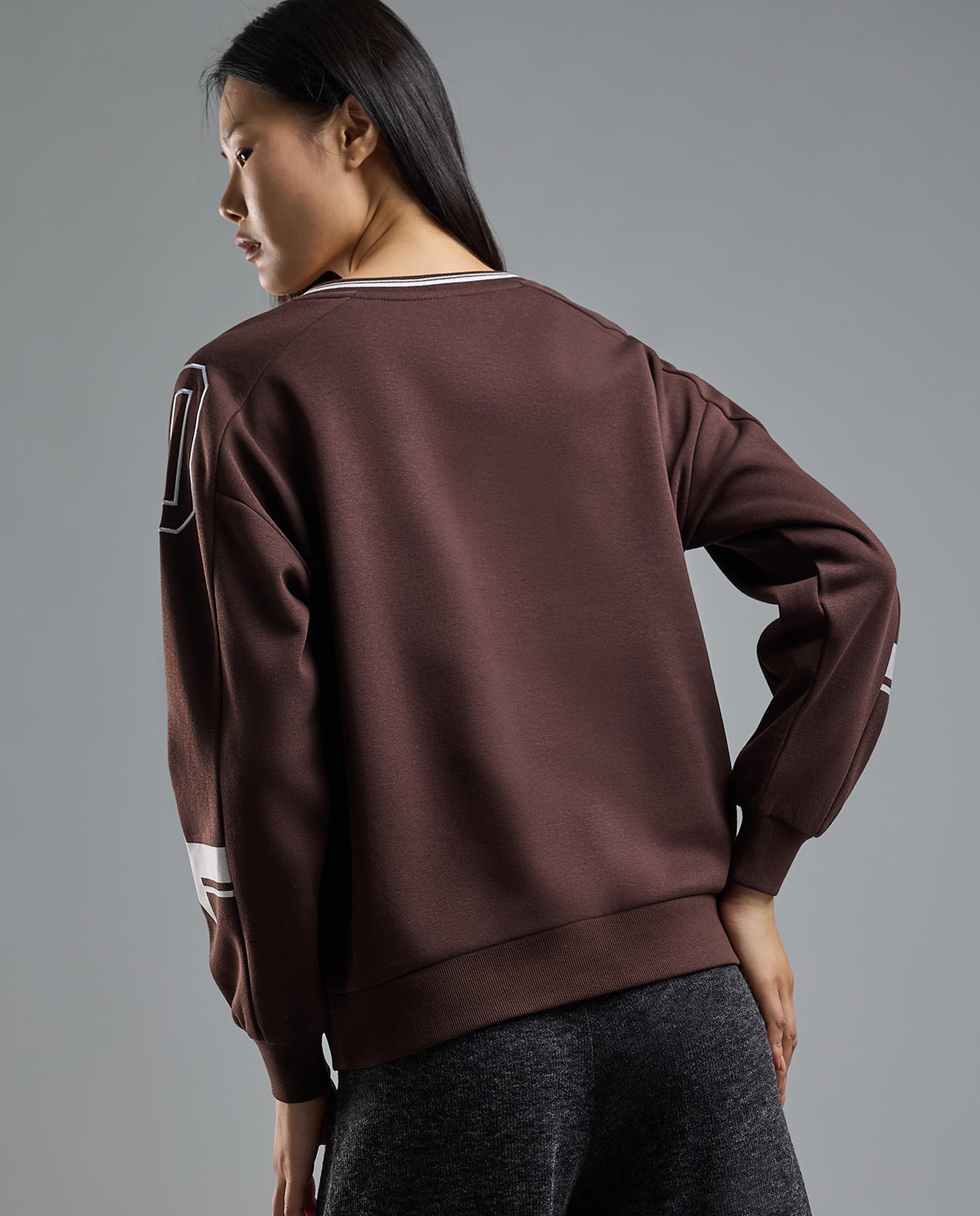 Typography Print Sweatshirt with V-Neck and Long Sleeves