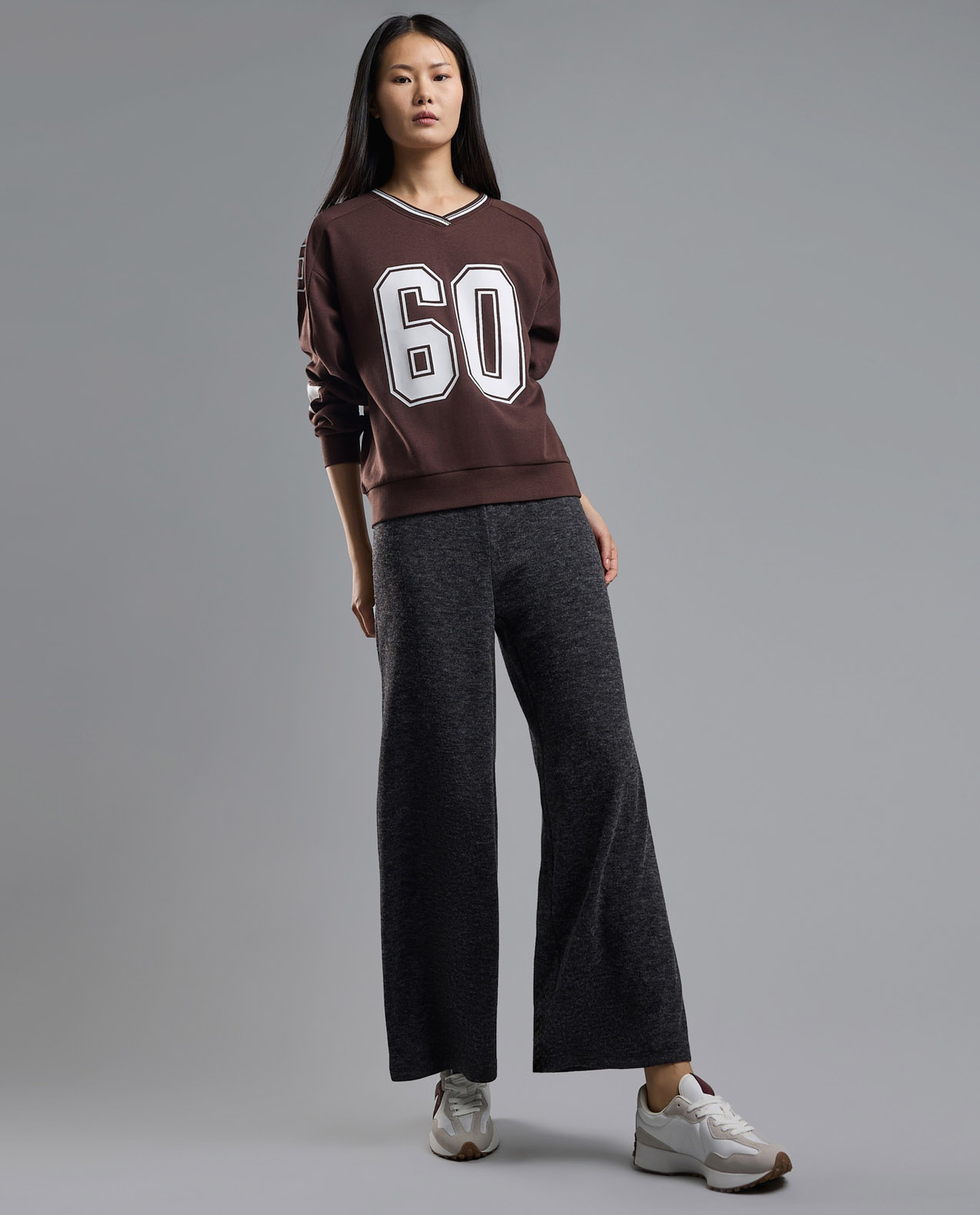 Typography Print Sweatshirt with V-Neck and Long Sleeves