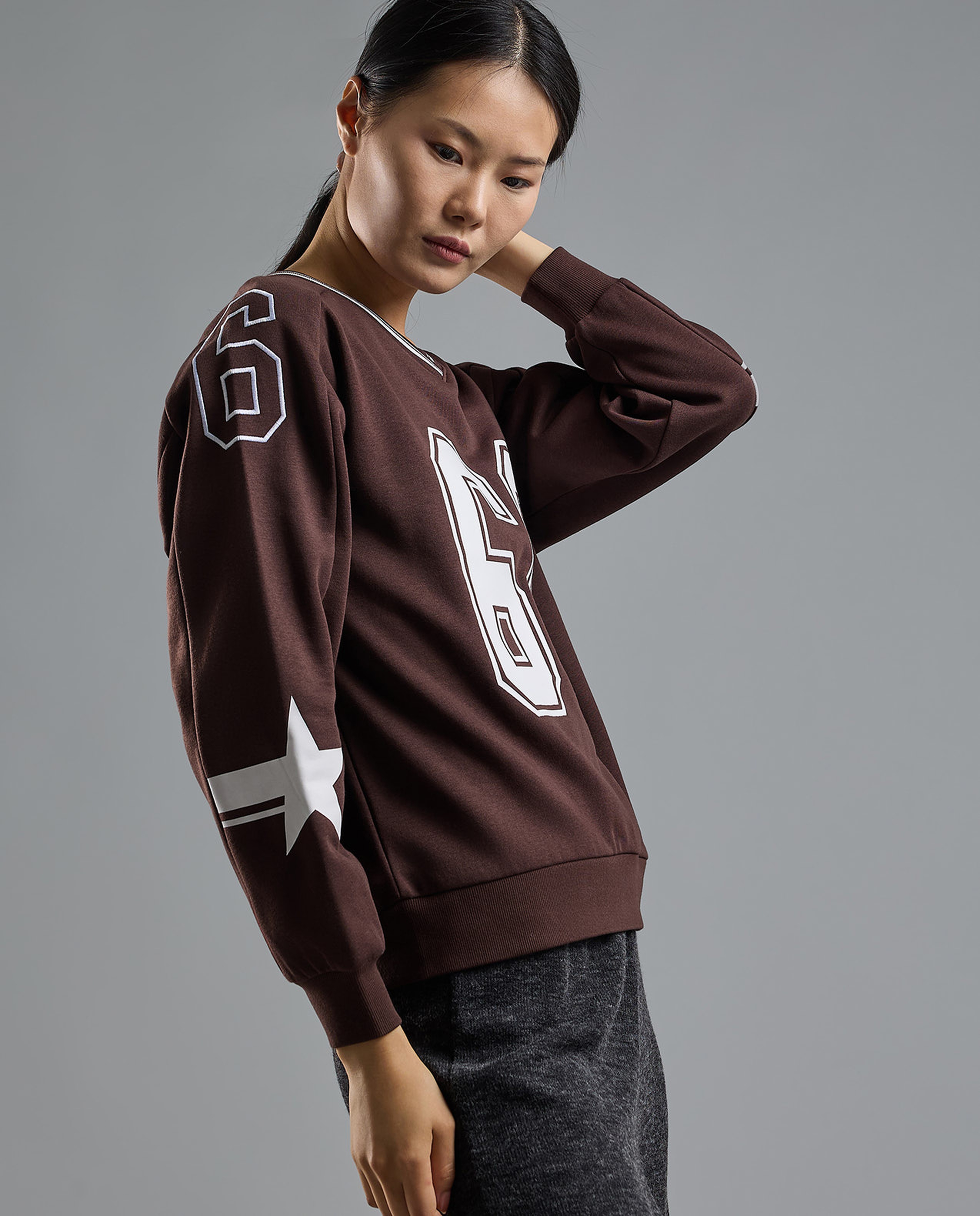 Typography Print Sweatshirt with V-Neck and Long Sleeves