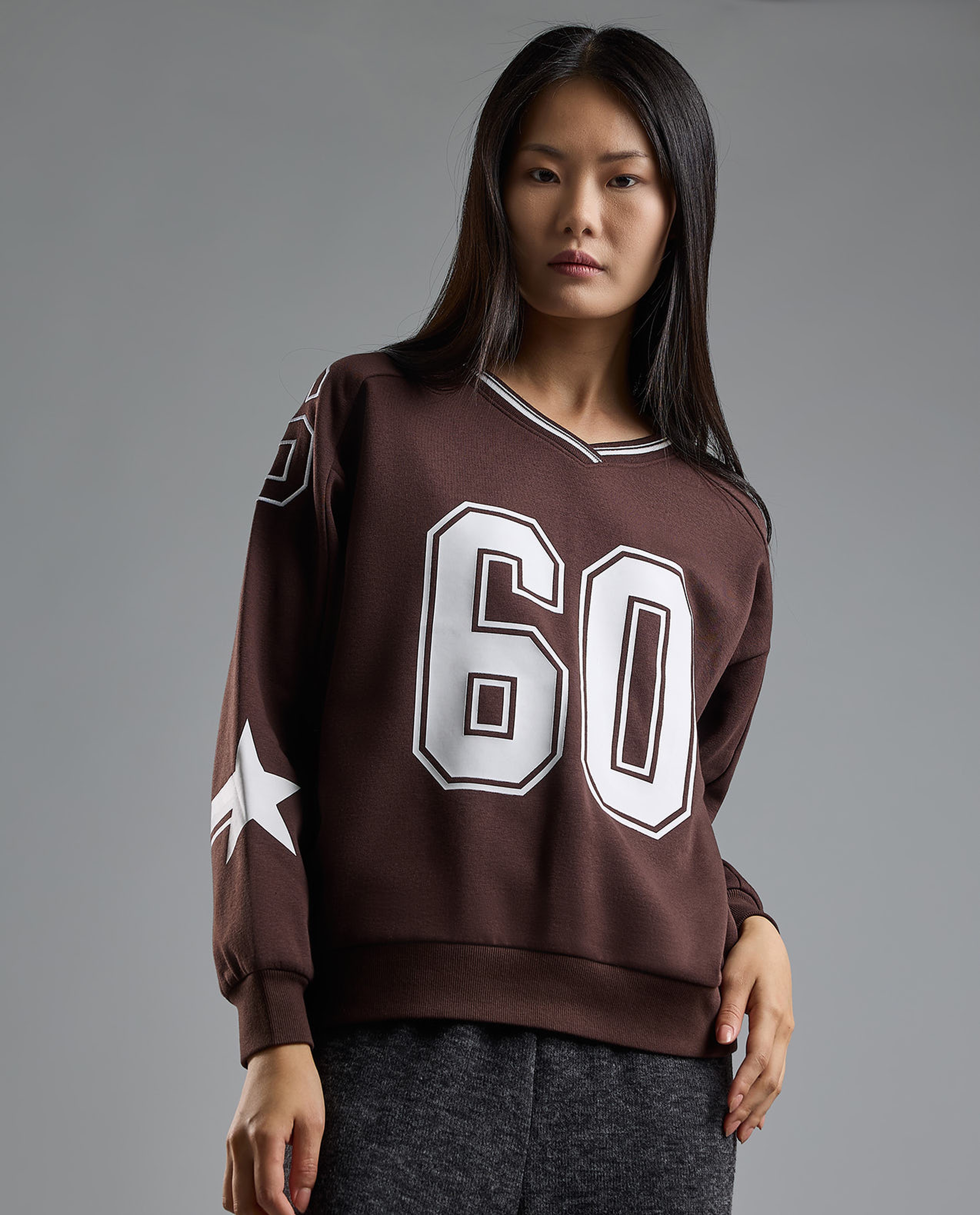 Typography Print Sweatshirt with V-Neck and Long Sleeves