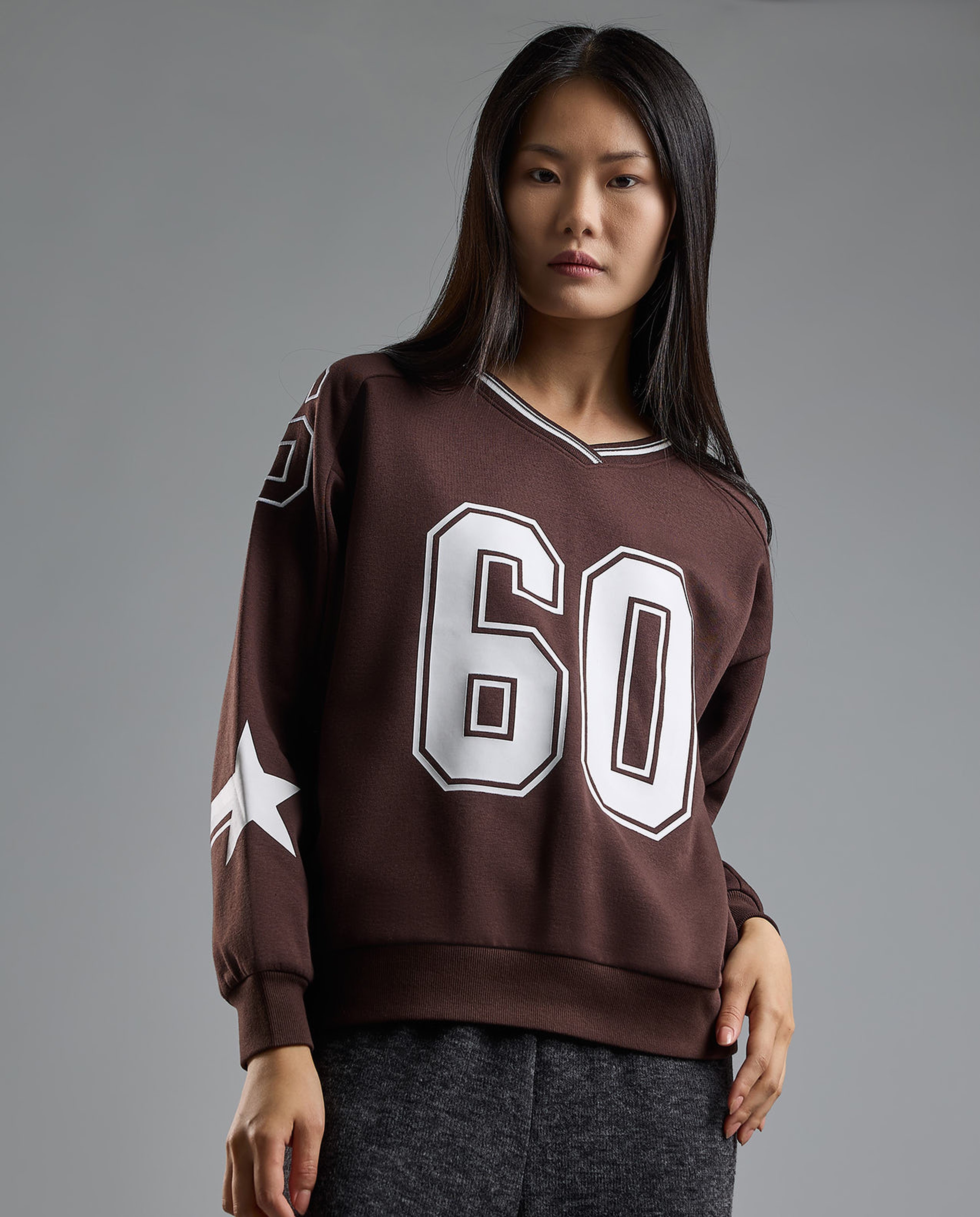 Typography Print Sweatshirt with V-Neck and Long Sleeves