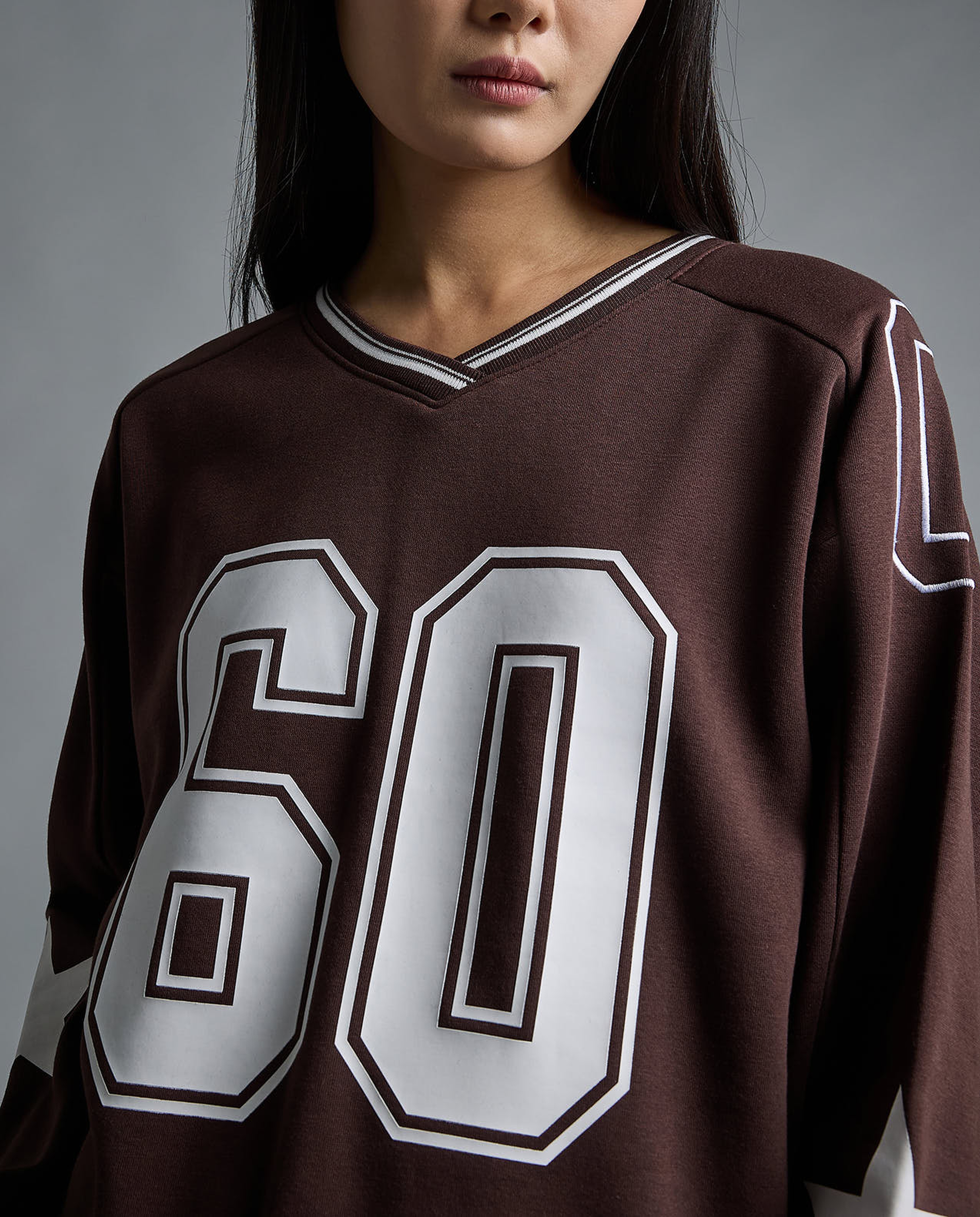 Typography Print Sweatshirt with V-Neck and Long Sleeves