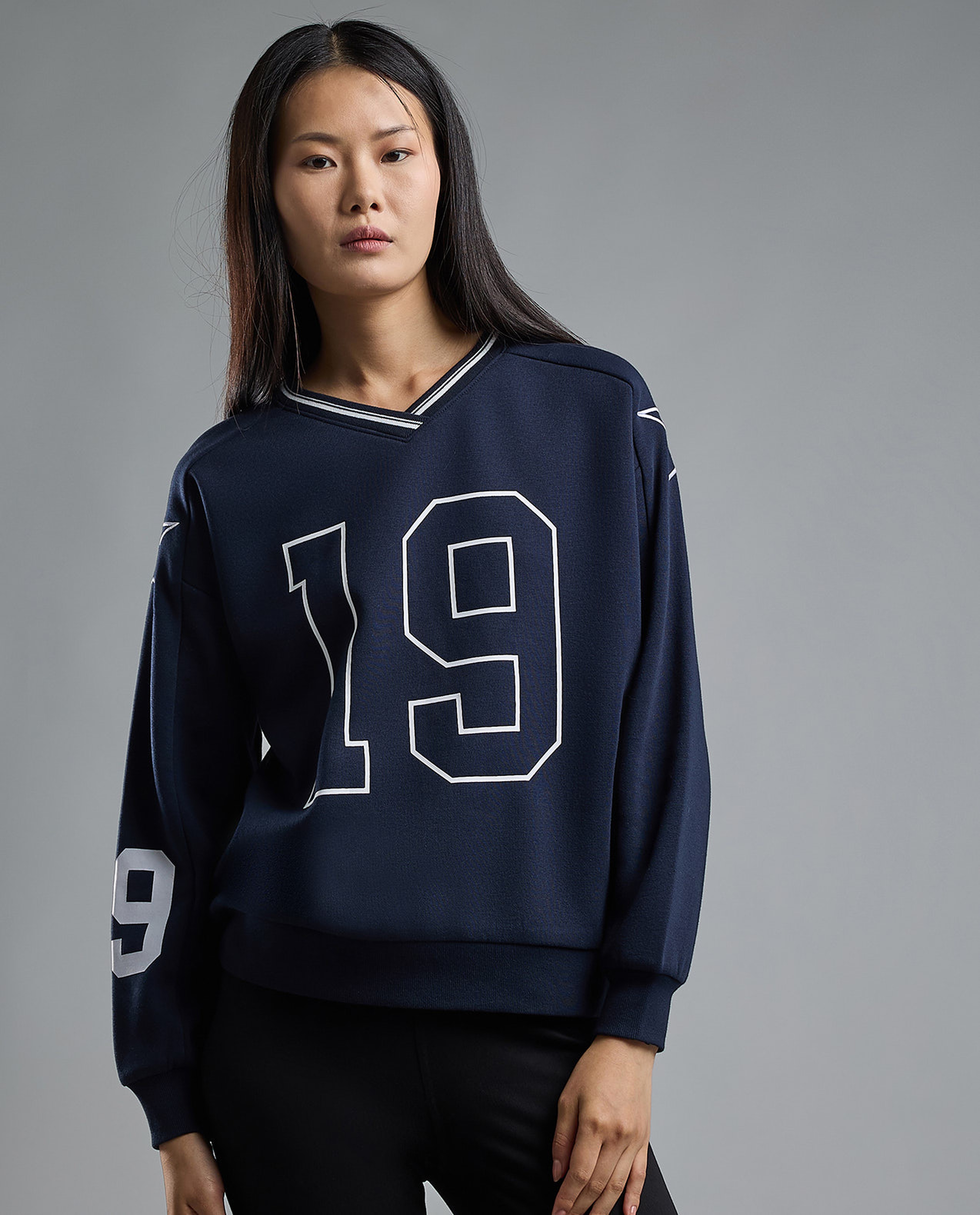 Typography Print Sweatshirt with V-Neck and Long Sleeves