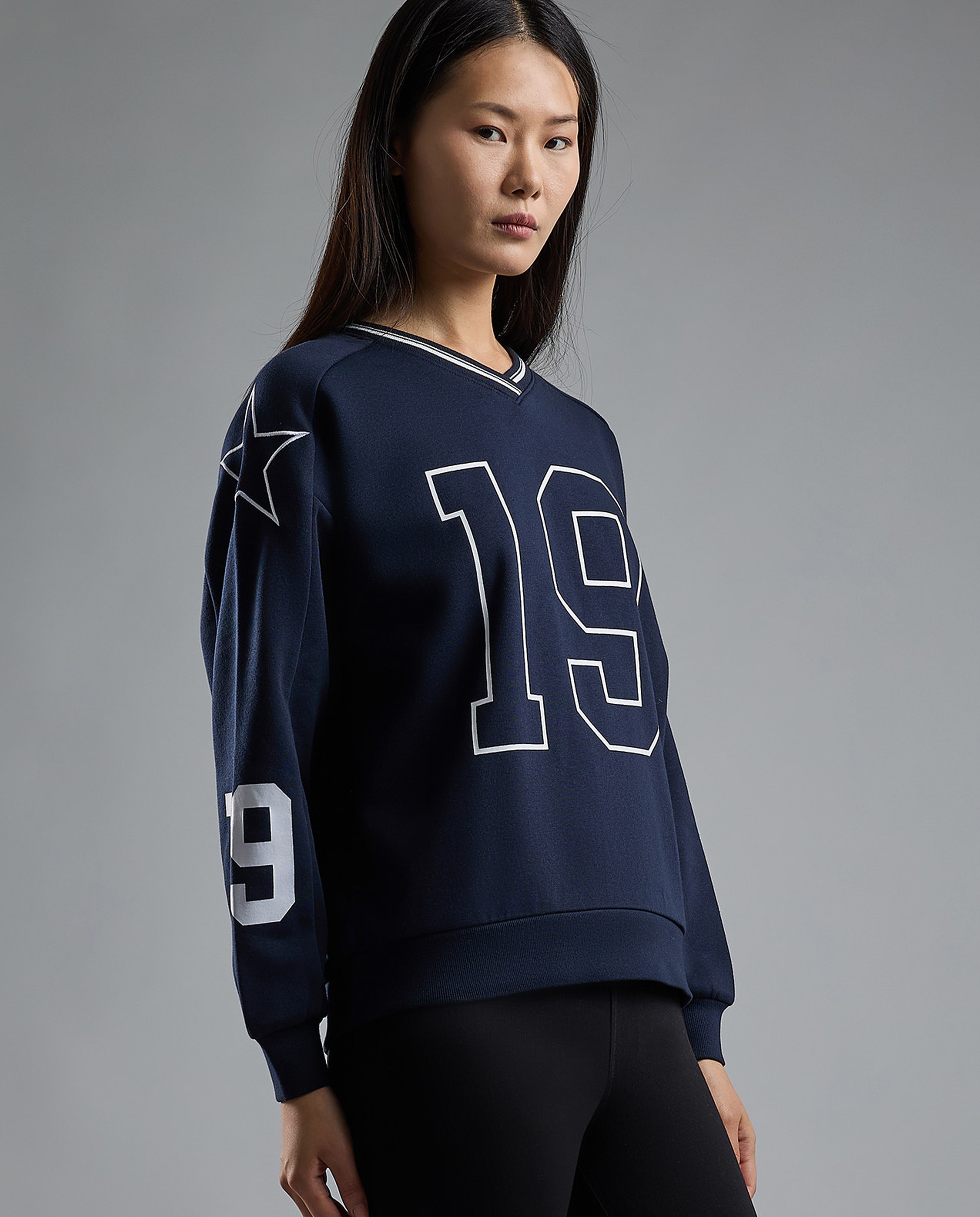 Typography Print Sweatshirt with V-Neck and Long Sleeves