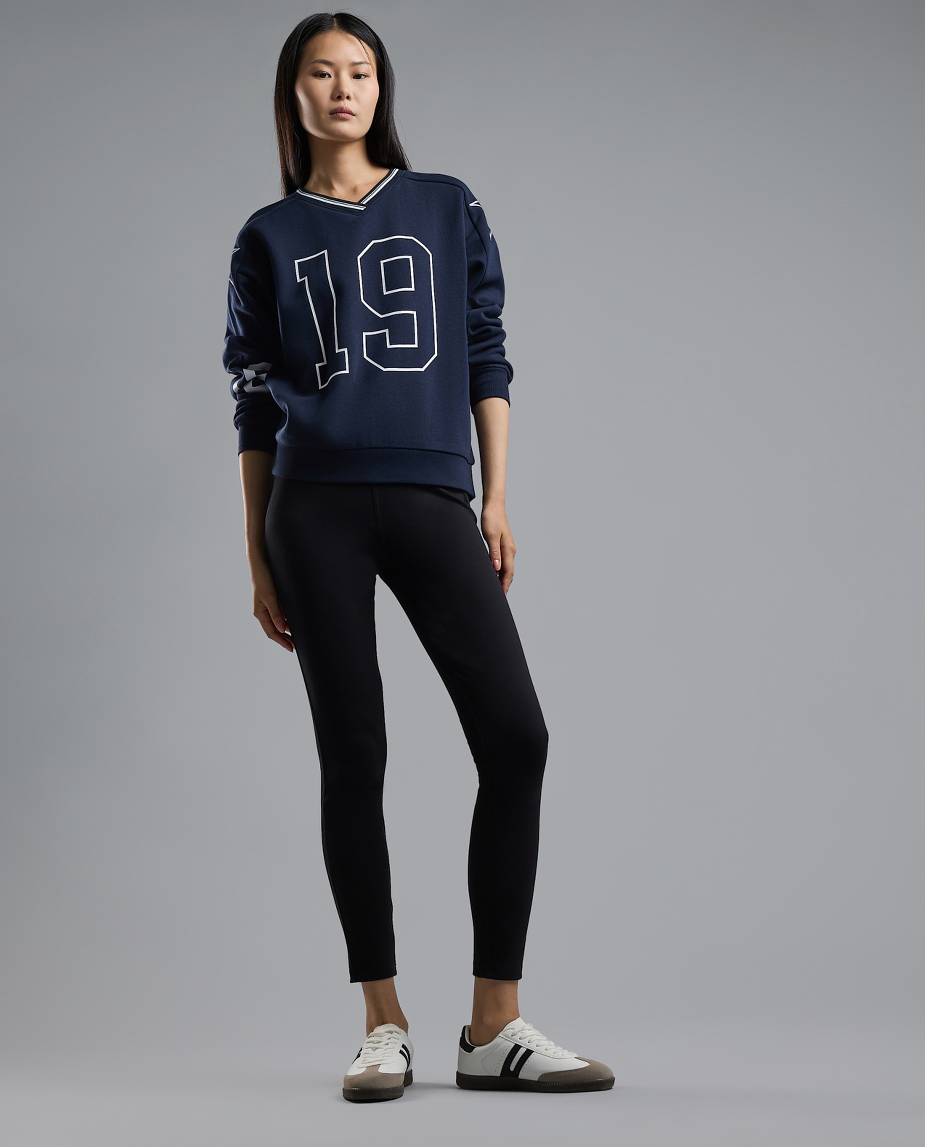 Typography Print Sweatshirt with V-Neck and Long Sleeves