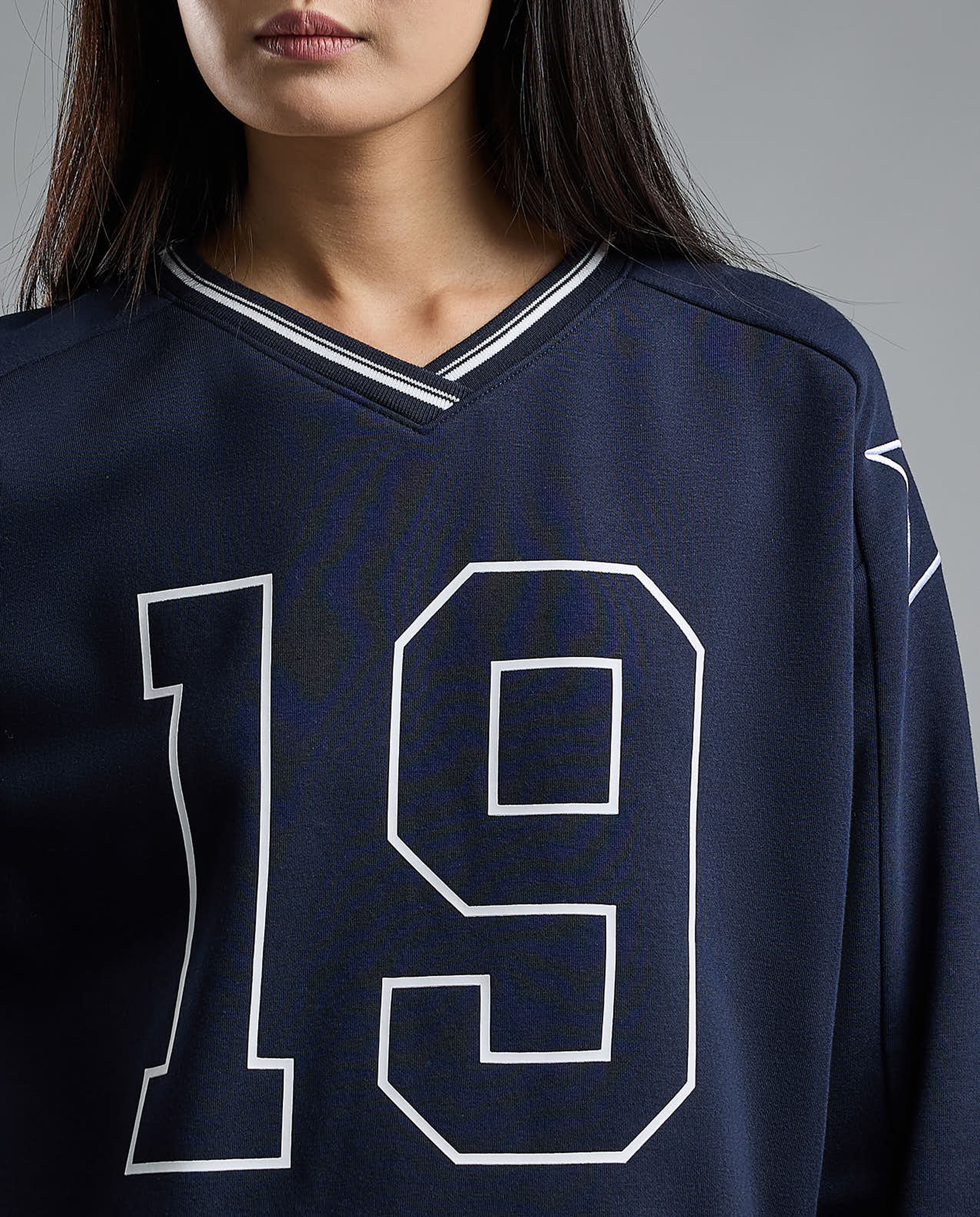 Typography Print Sweatshirt with V-Neck and Long Sleeves