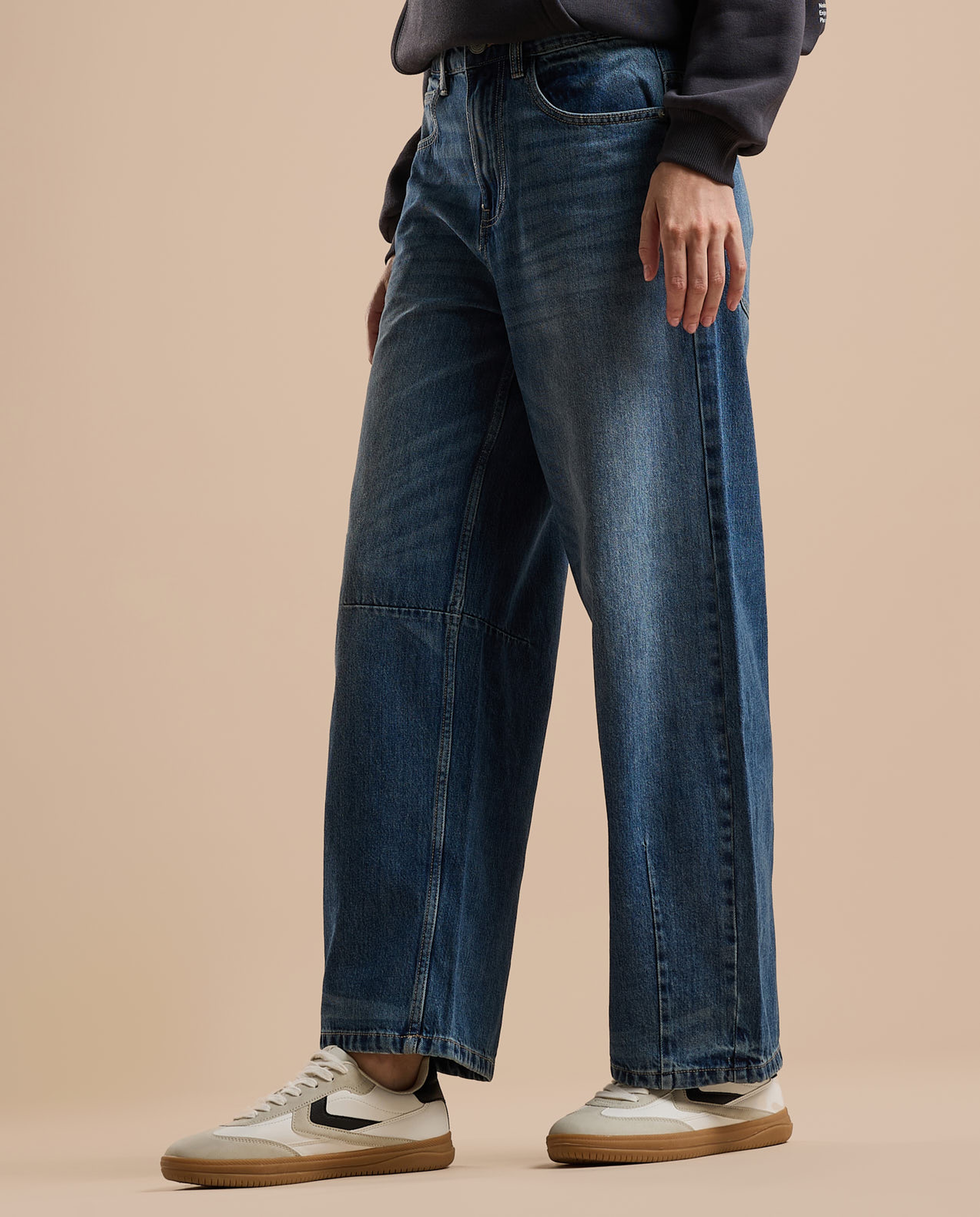 Faded Baggy Jeans with Button Closure